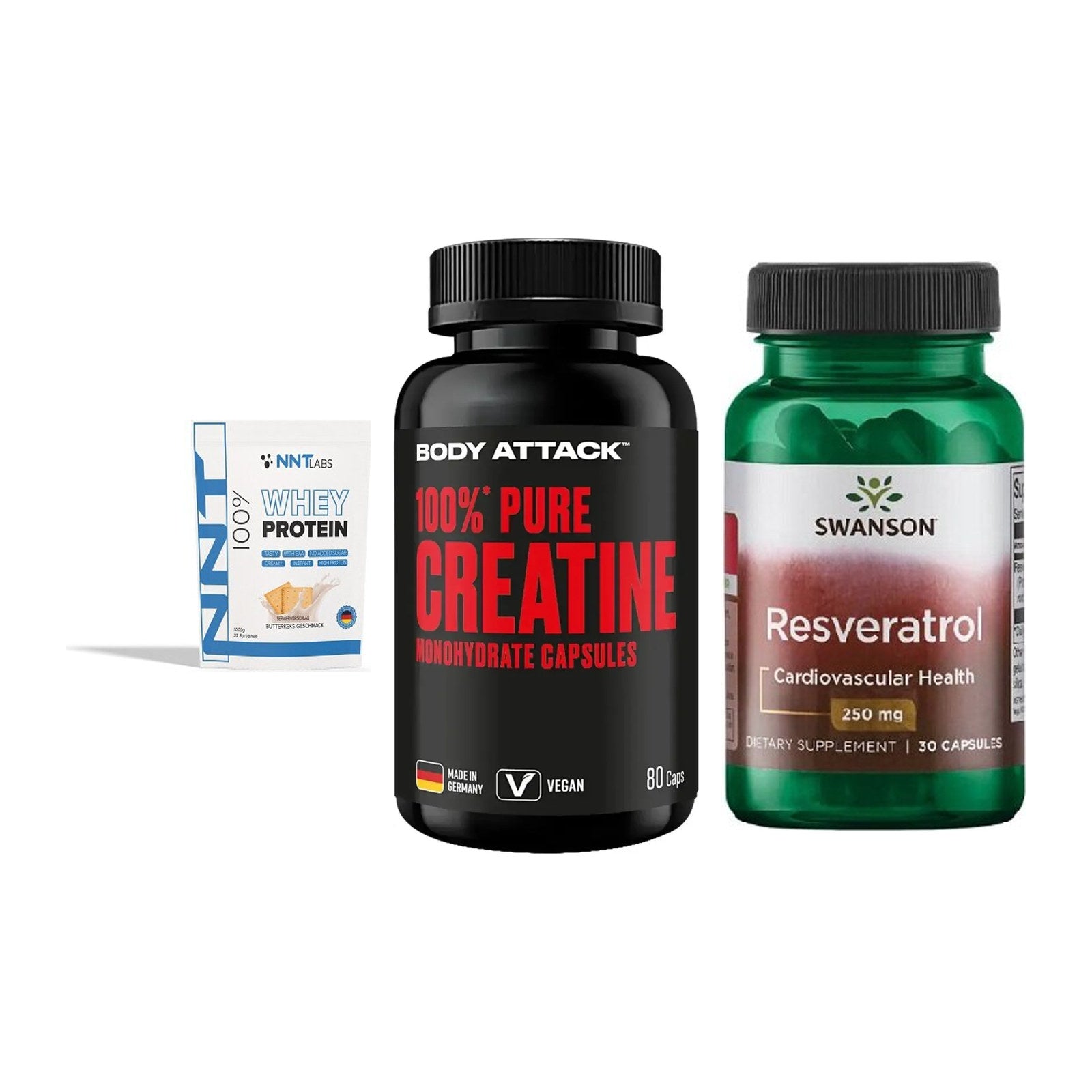 Einsteiger-Set: NNT Whey + Body Attack 100% + Swanson Resverat – alle enthaltenen Artikel