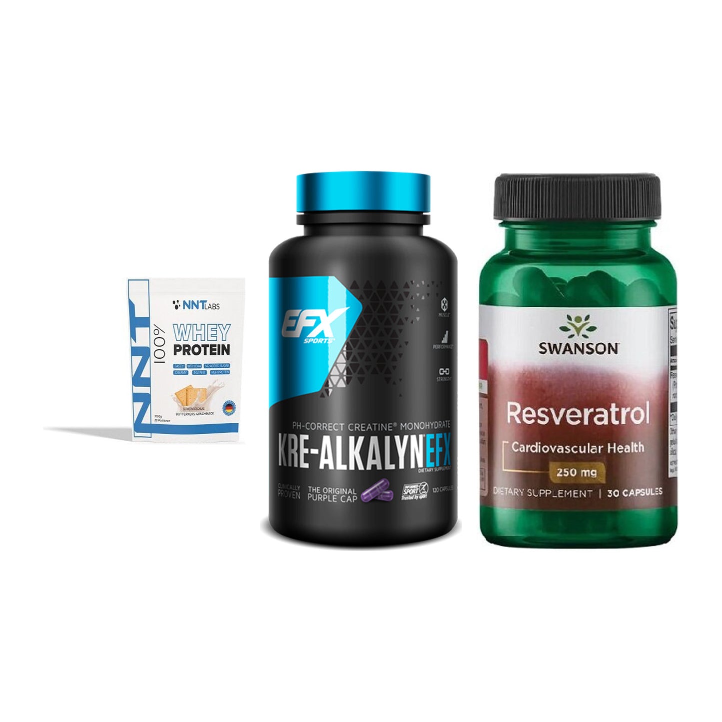 Einsteiger-Set: NNT Whey + EFX Kre-Alkalyn + Swanson Resveratrol – alle enthaltenen Artikel