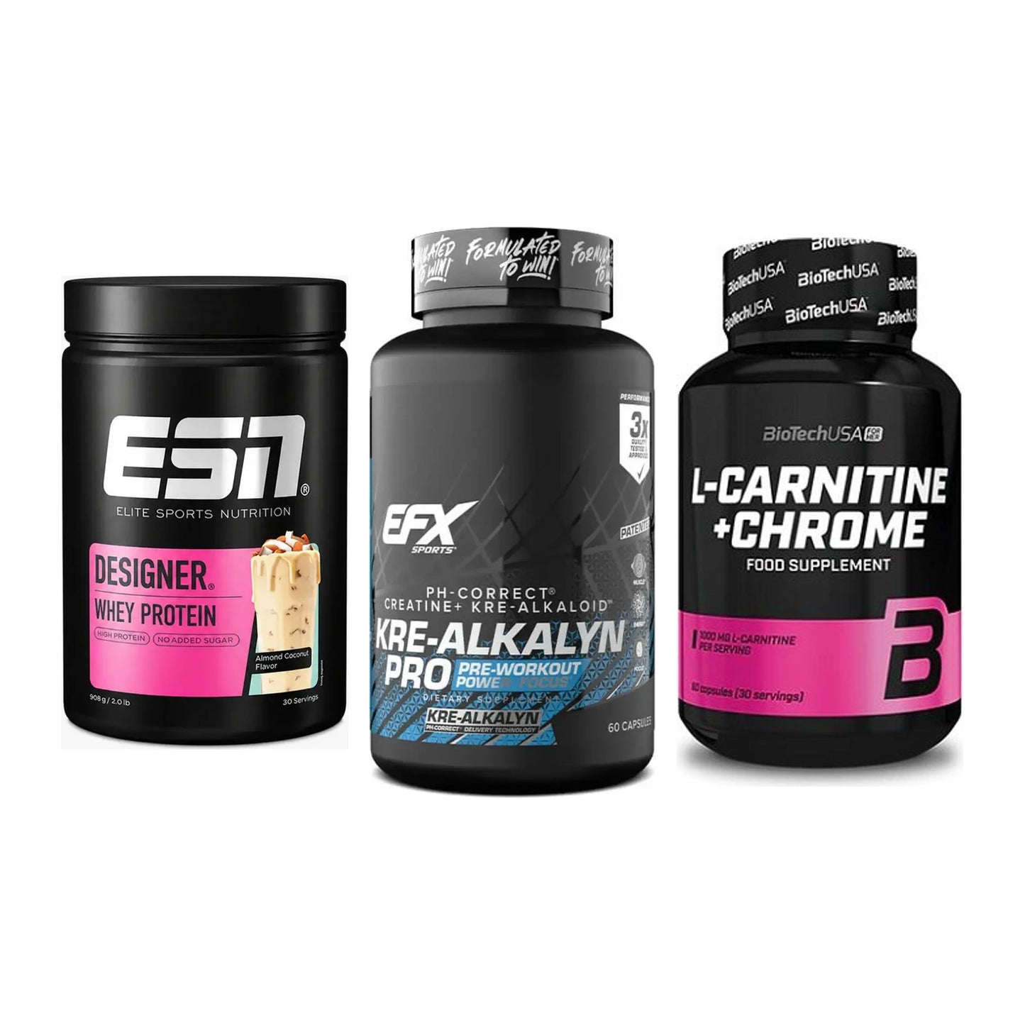 Einsteiger-Set: ESN Designer + EFX Kre-Alkalyn + BioTech L-Carnit – alle enthaltenen Artikel