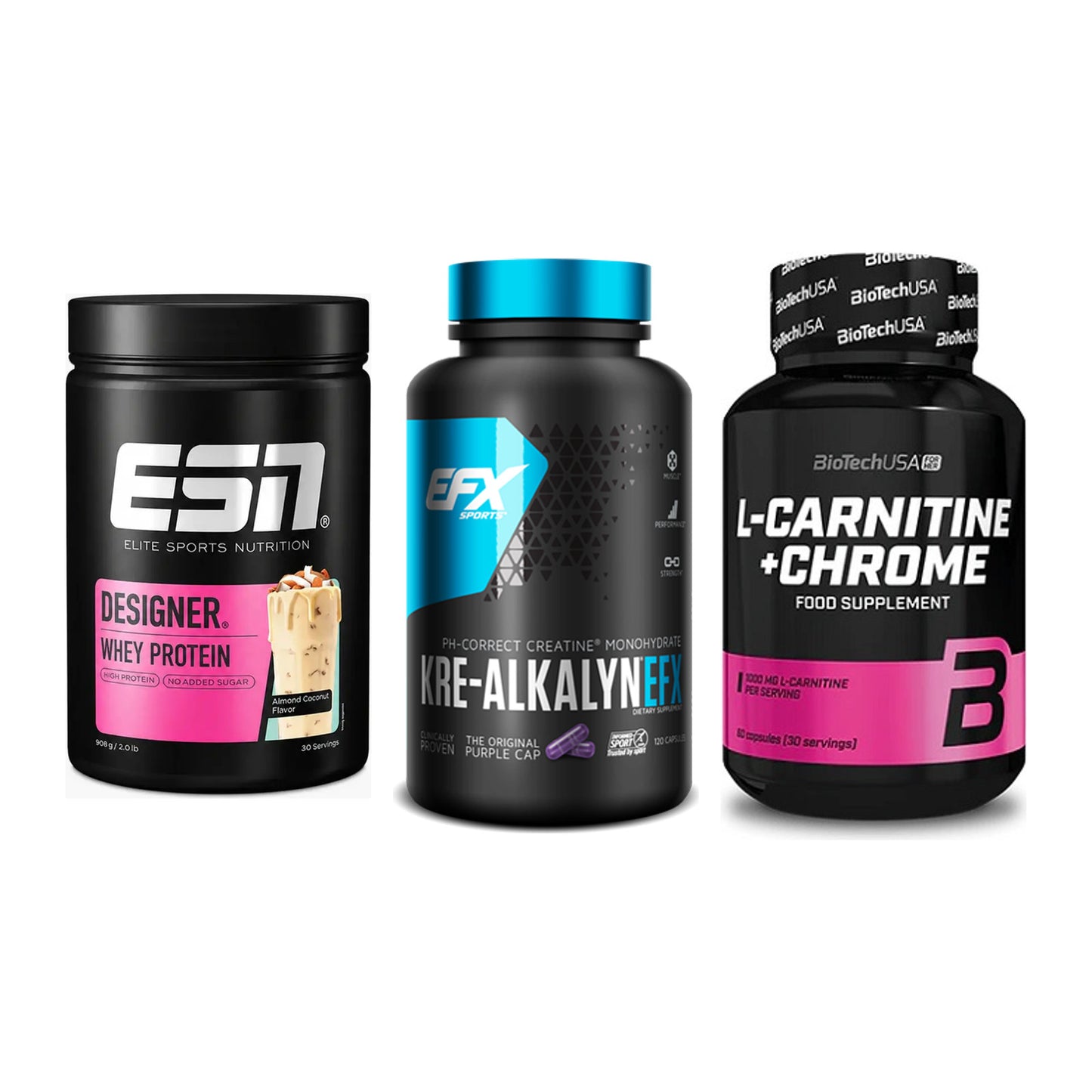 Einsteiger-Set: ESN Designer + EFX Kre-Alkalyn + BioTech L-Carnit – alle enthaltenen Artikel