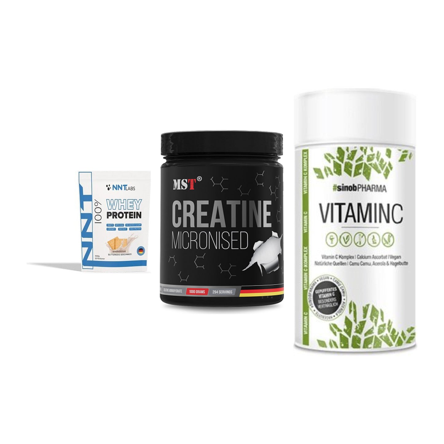 Einsteiger-Set: NNT Whey + MST Creatin Monohydrate + Sinob Vitamin C – alle enthaltenen Artikel