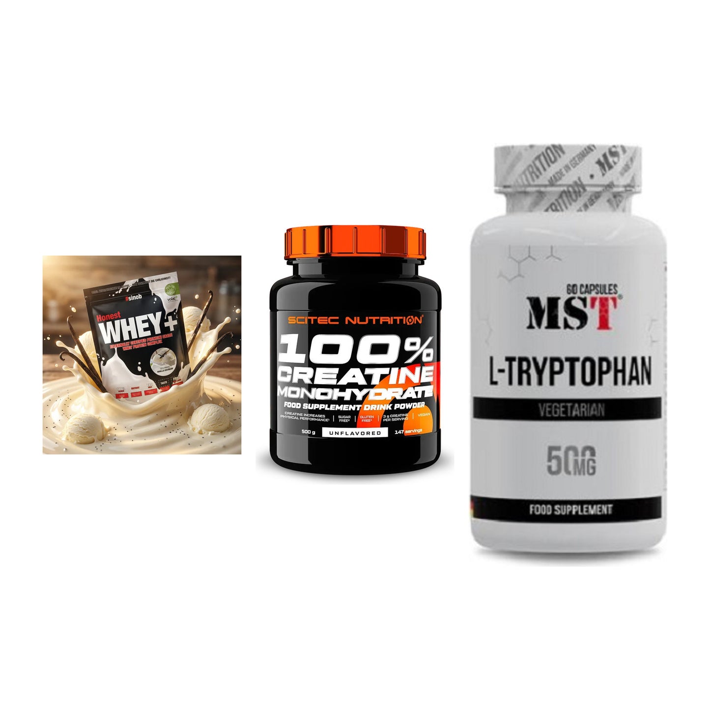Einsteiger-Set: Sinob Honest + Scitec Creatine + MST Tryptophan – alle enthaltenen Artikel