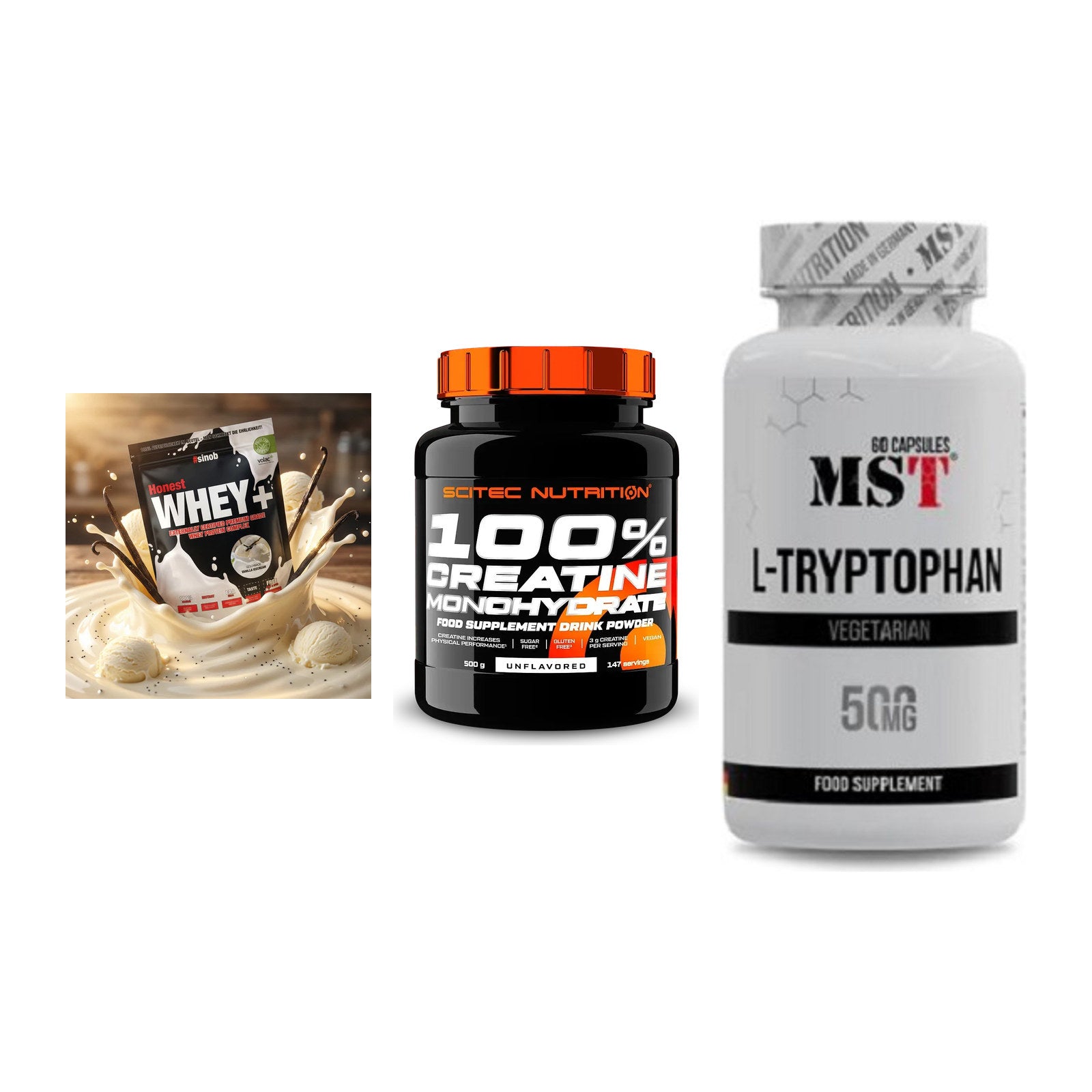Einsteiger-Set: Sinob Honest + Scitec Creatine + MST Tryptophan – alle enthaltenen Artikel