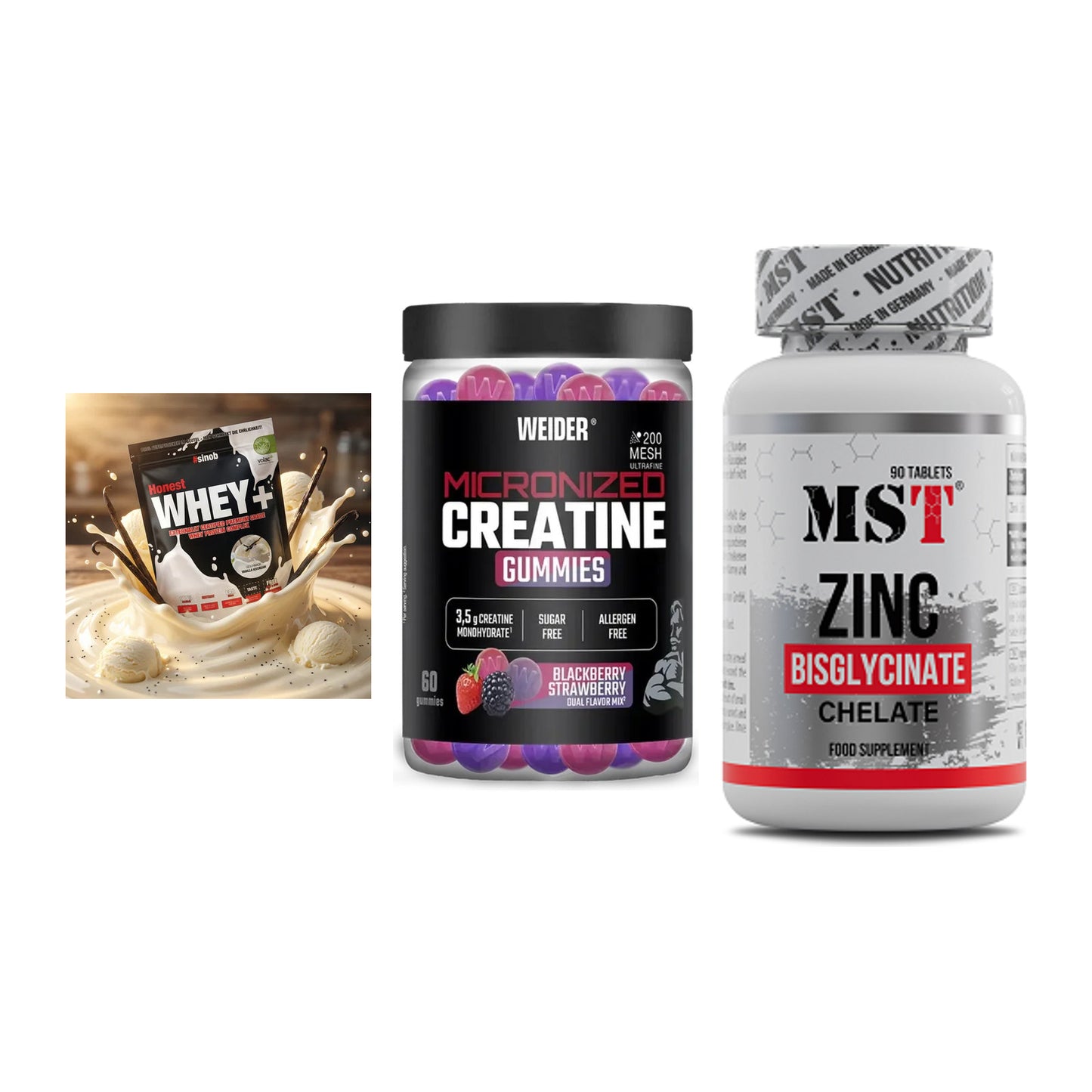 Einsteiger-Set: Sinob Honest + Weider Micronize + MST Zinc Chelate – alle enthaltenen Artikel