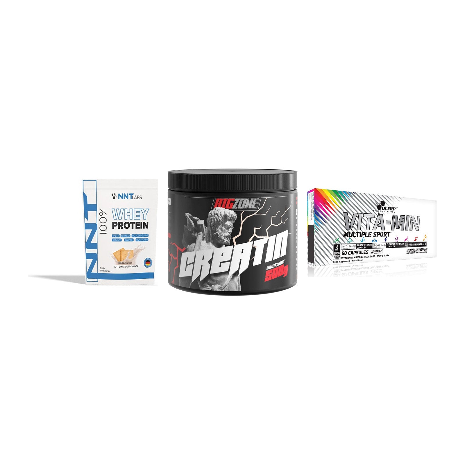 Einsteiger-Set: NNT Whey + Big Zone Creatin + Olimp Vita-Min – alle enthaltenen Artikel