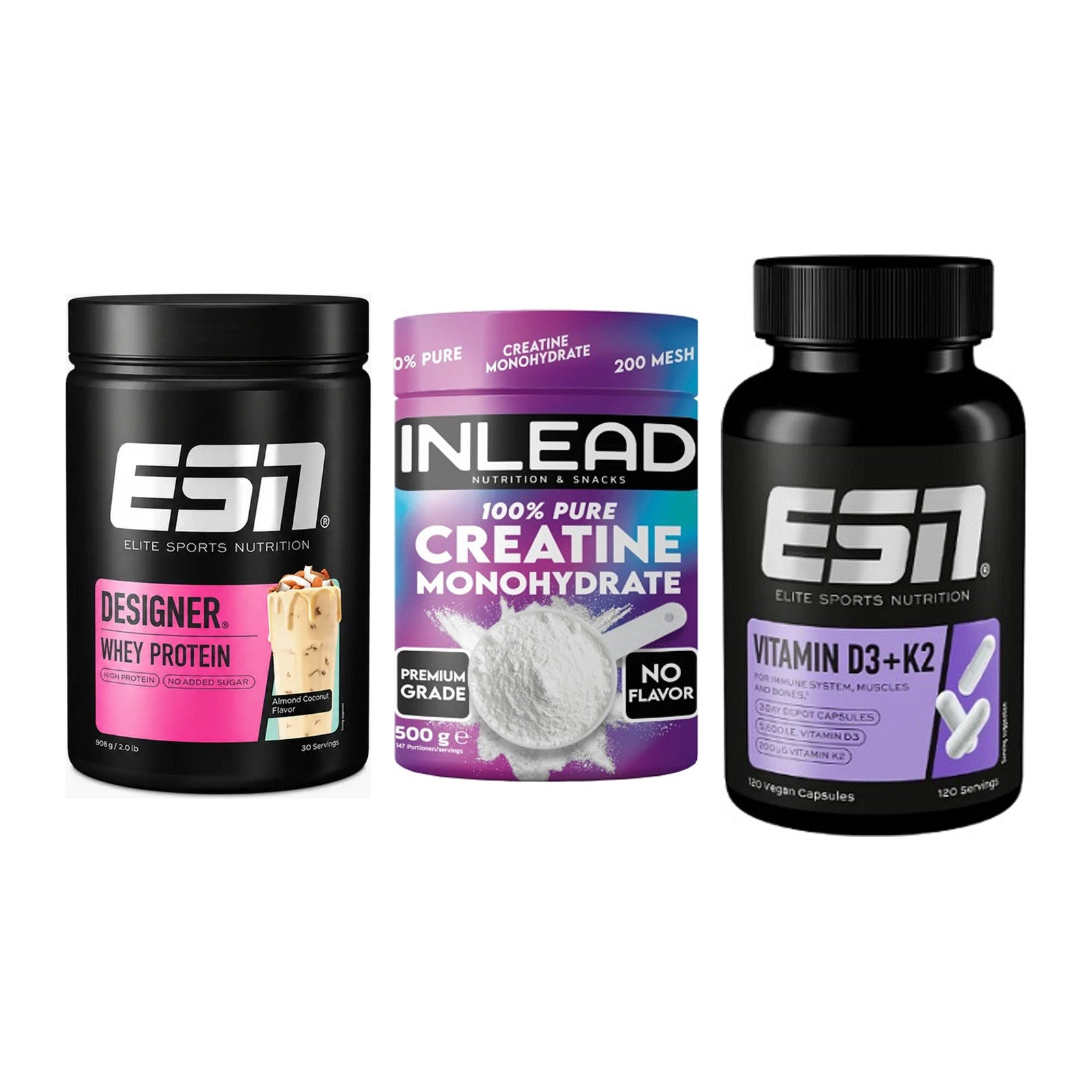 Einsteiger-Set: ESN Designer + INLEAD Creatine + ESN Vitamin D3 – alle enthaltenen Artikel