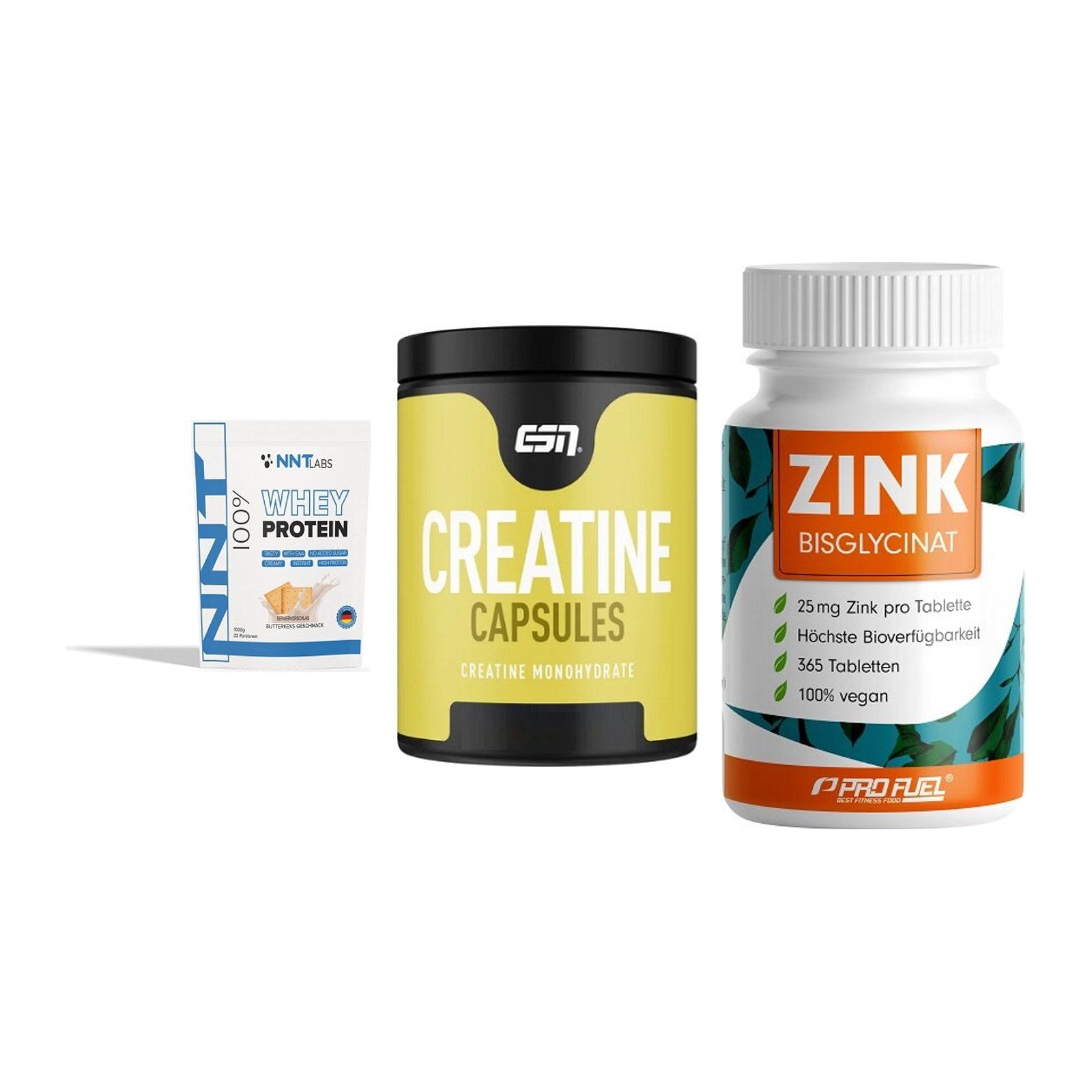 Einsteiger-Set: NNT Whey + ESN Ultrapure + ProFuel Zink – alle enthaltenen Artikel