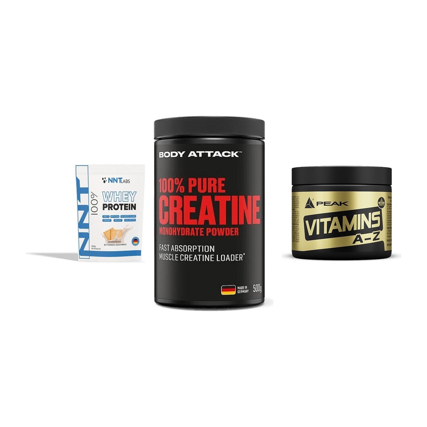 Einsteiger-Set: NNT Whey + Body Attack 100% + Peak Vitamin A-Z – alle enthaltenen Artikel