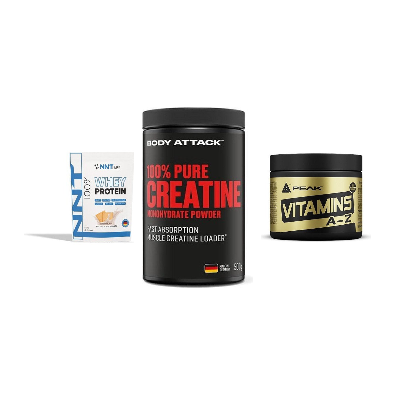 Einsteiger-Set: NNT Whey + Body Attack 100% + Peak Vitamin A-Z – alle enthaltenen Artikel