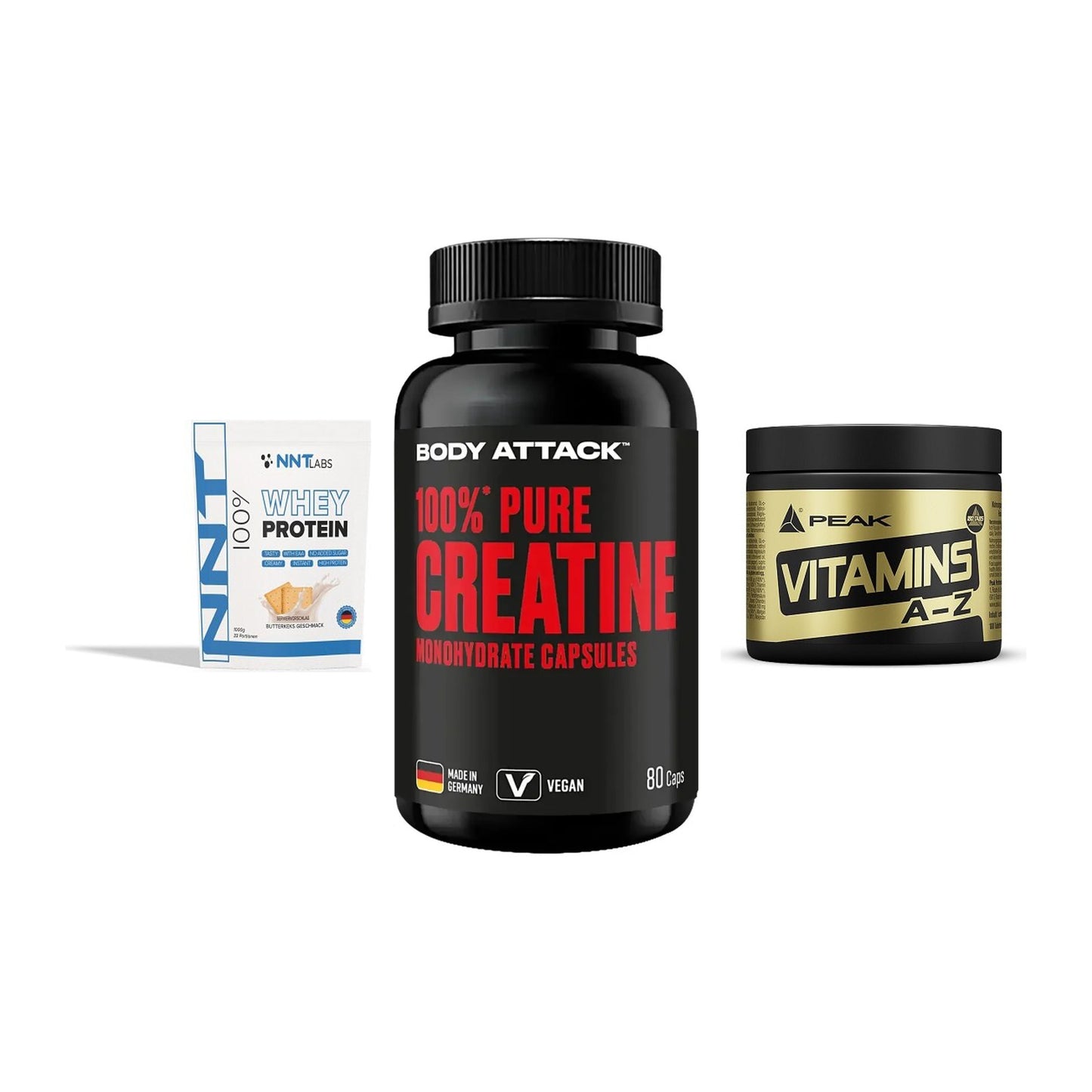 Einsteiger-Set: NNT Whey + Body Attack 100% + Peak Vitamin A-Z – alle enthaltenen Artikel