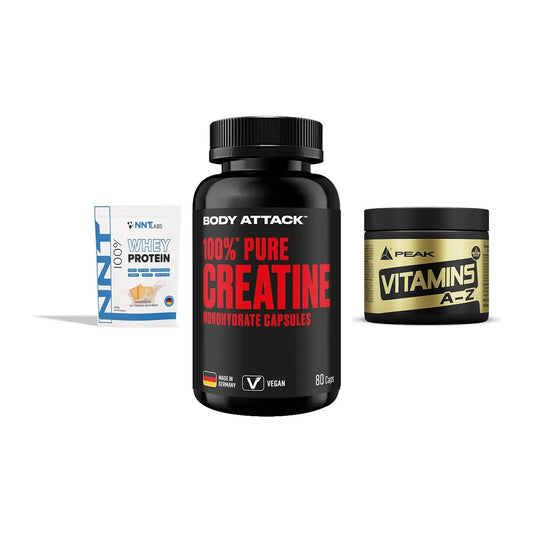 Einsteiger-Set: NNT Whey + Body Attack 100% + Peak Vitamin A-Z – alle enthaltenen Artikel