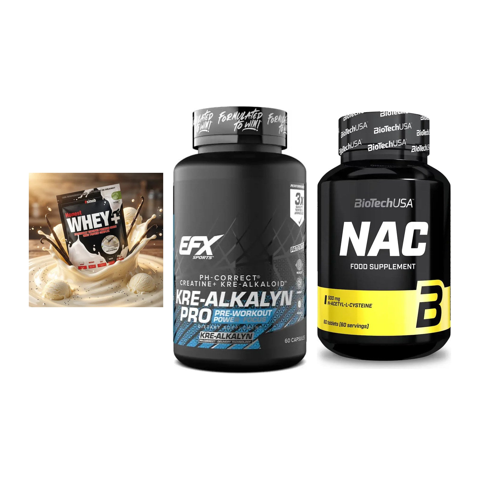 Einsteiger-Set: Sinob Honest Whey+ + EFX Kre-Alkalyn PRO + BioTech NAC – alle enthaltenen Artikel