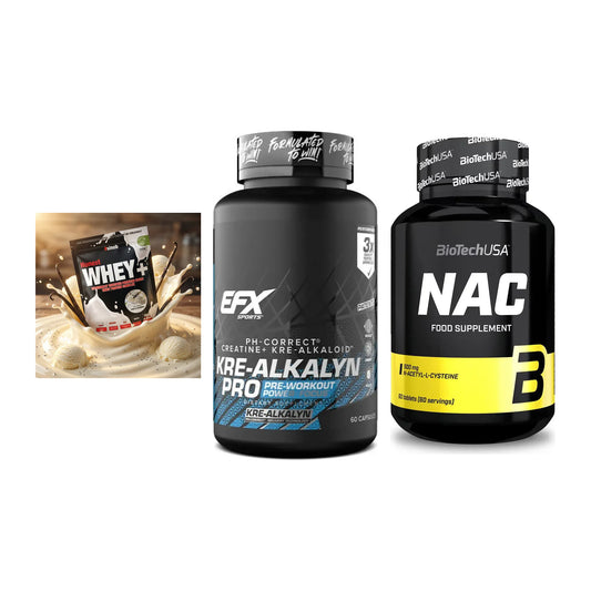Einsteiger-Set: Sinob Honest Whey+ + EFX Kre-Alkalyn PRO + BioTech NAC – alle enthaltenen Artikel