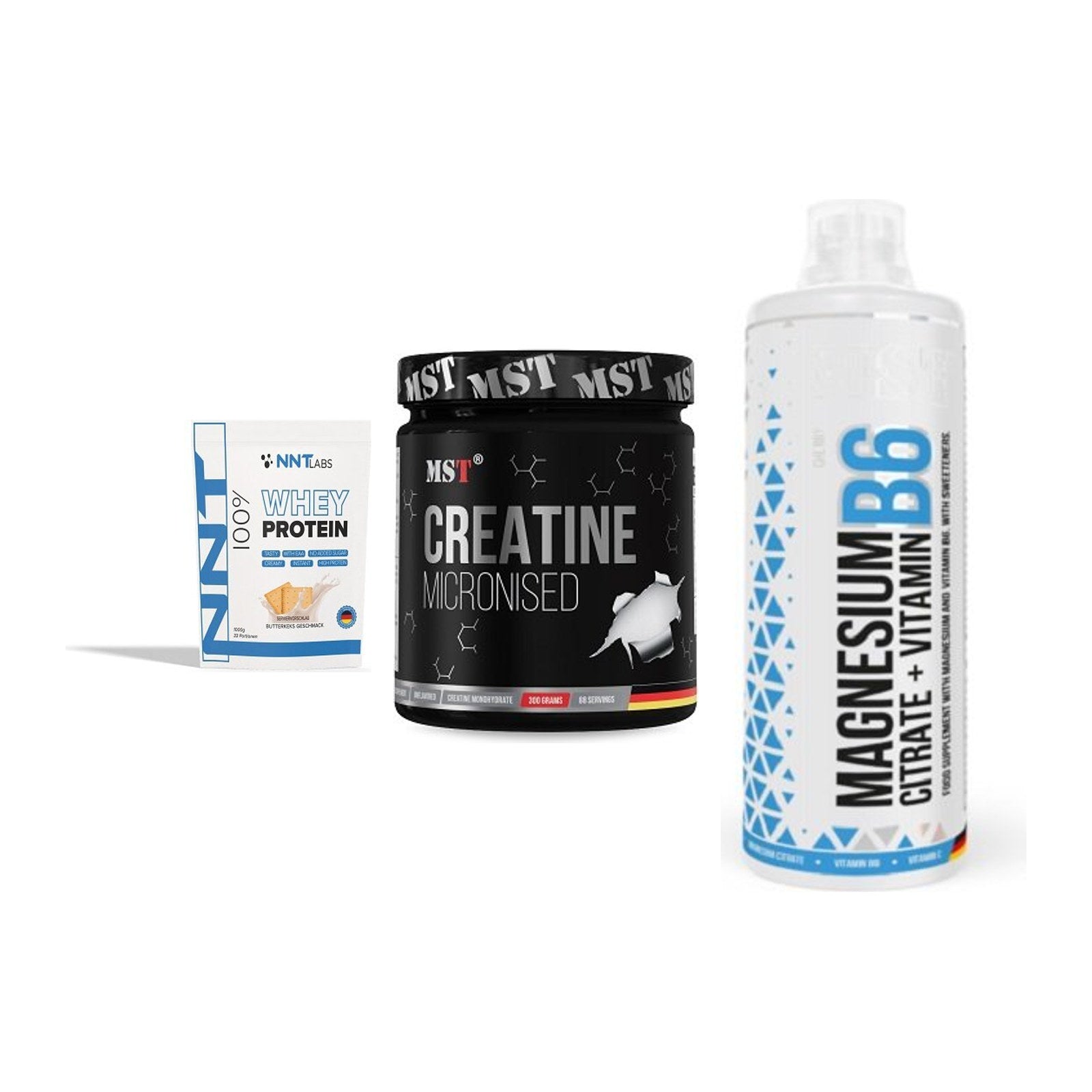 Einsteiger-Set: NNT Whey + MST Creatin Monohydrate + MST Magnesium B6 – alle enthaltenen Artikel