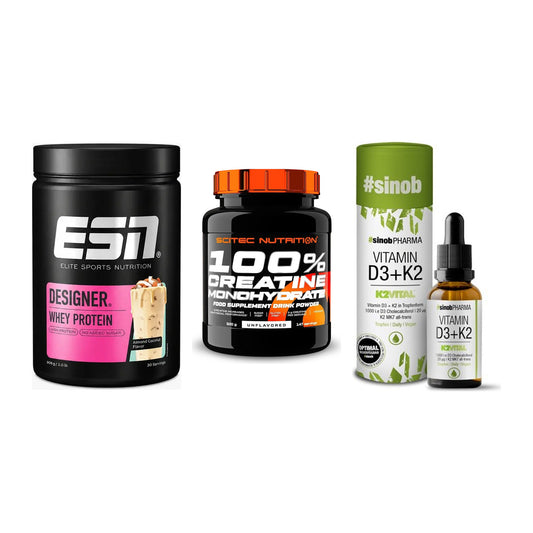 Einsteiger-Set: ESN Designer + Scitec Creatine + Sinob Vitamin D3 – alle enthaltenen Artikel