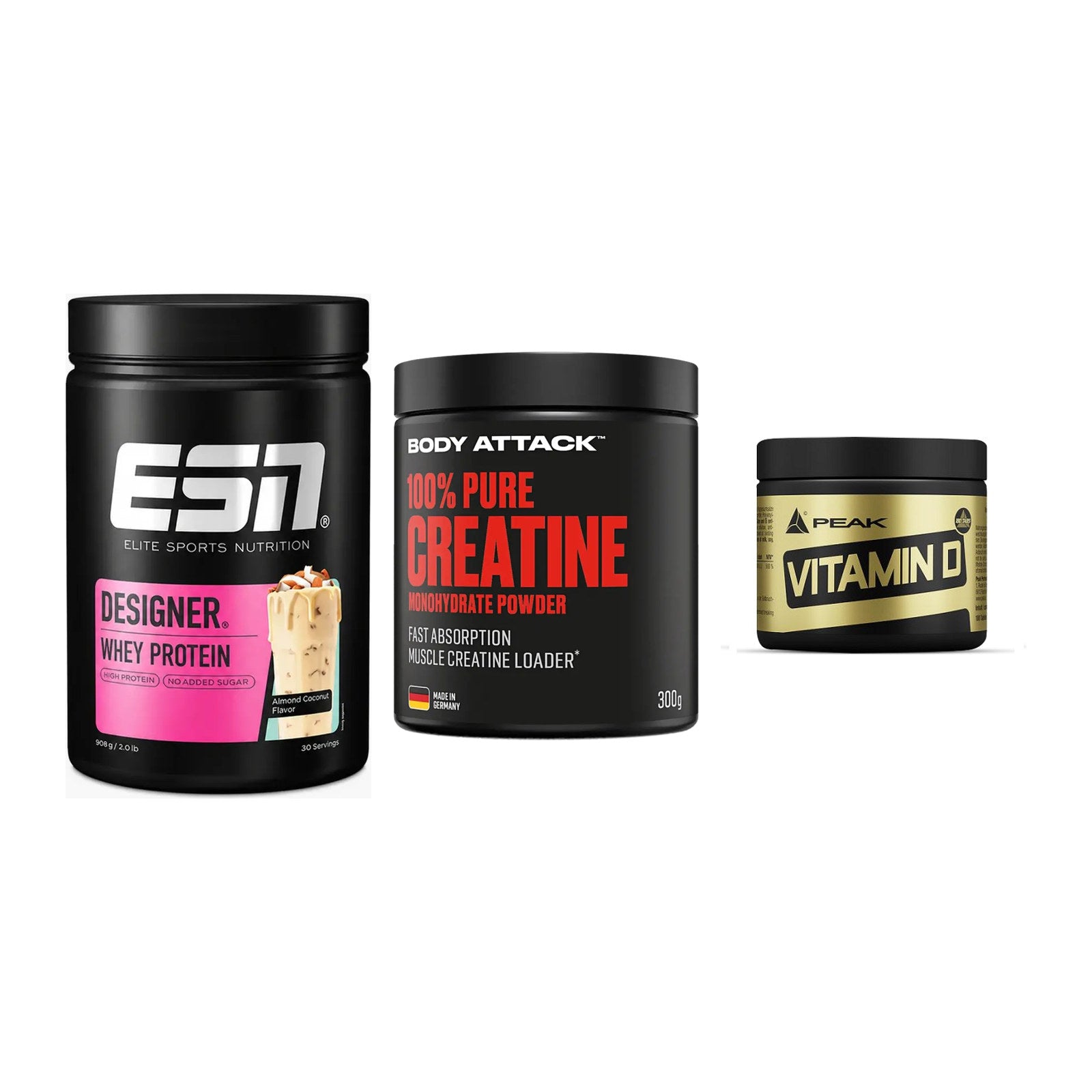 Einsteiger-Set: ESN Designer + Body Attack 100% + Peak Vitamin D – alle enthaltenen Artikel