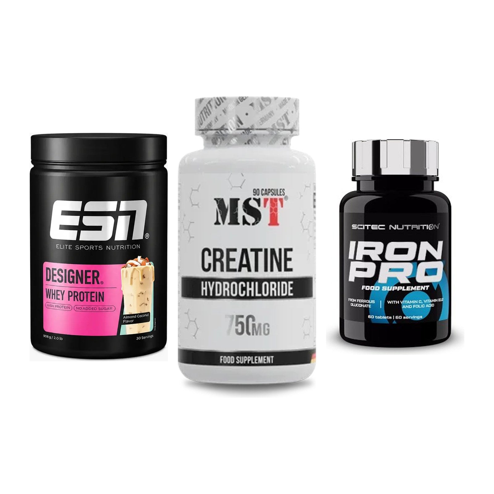 Einsteiger-Set: ESN Designer Whey + MST Creatin HCL + Scitec Iron Pro – alle enthaltenen Artikel