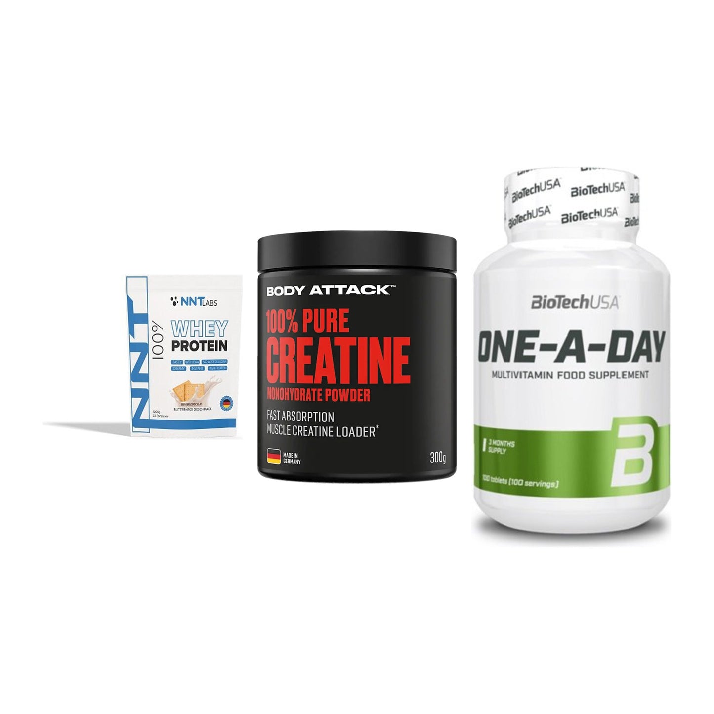 Einsteiger-Set: NNT Whey + Body Attack 100% + BioTech One A – alle enthaltenen Artikel