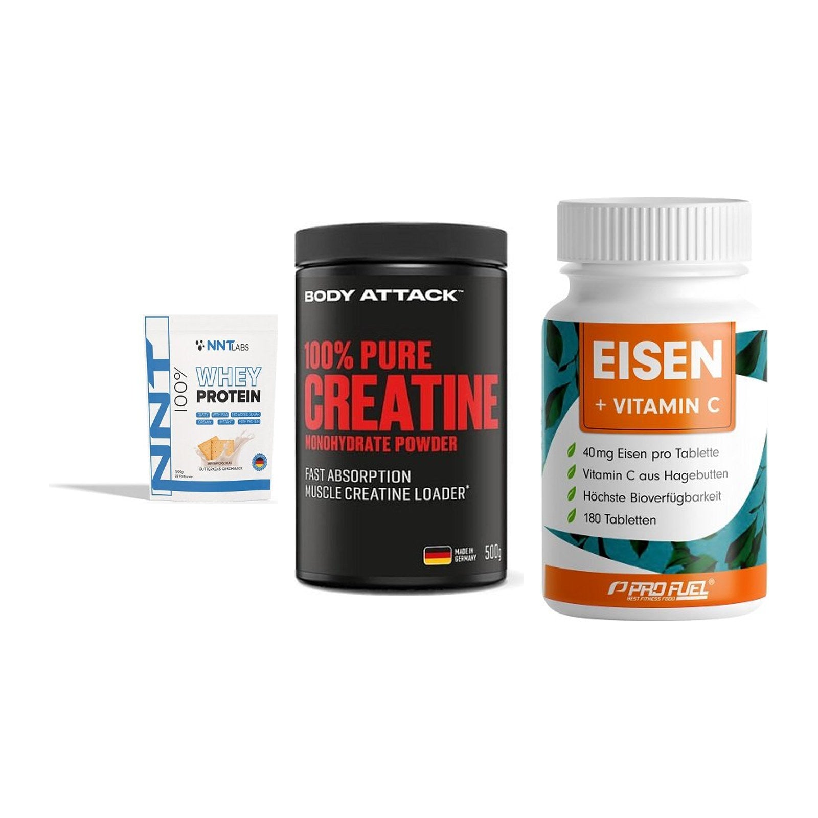Einsteiger-Set: NNT Whey + Body Attack 100% + ProFuel EISEN – alle enthaltenen Artikel