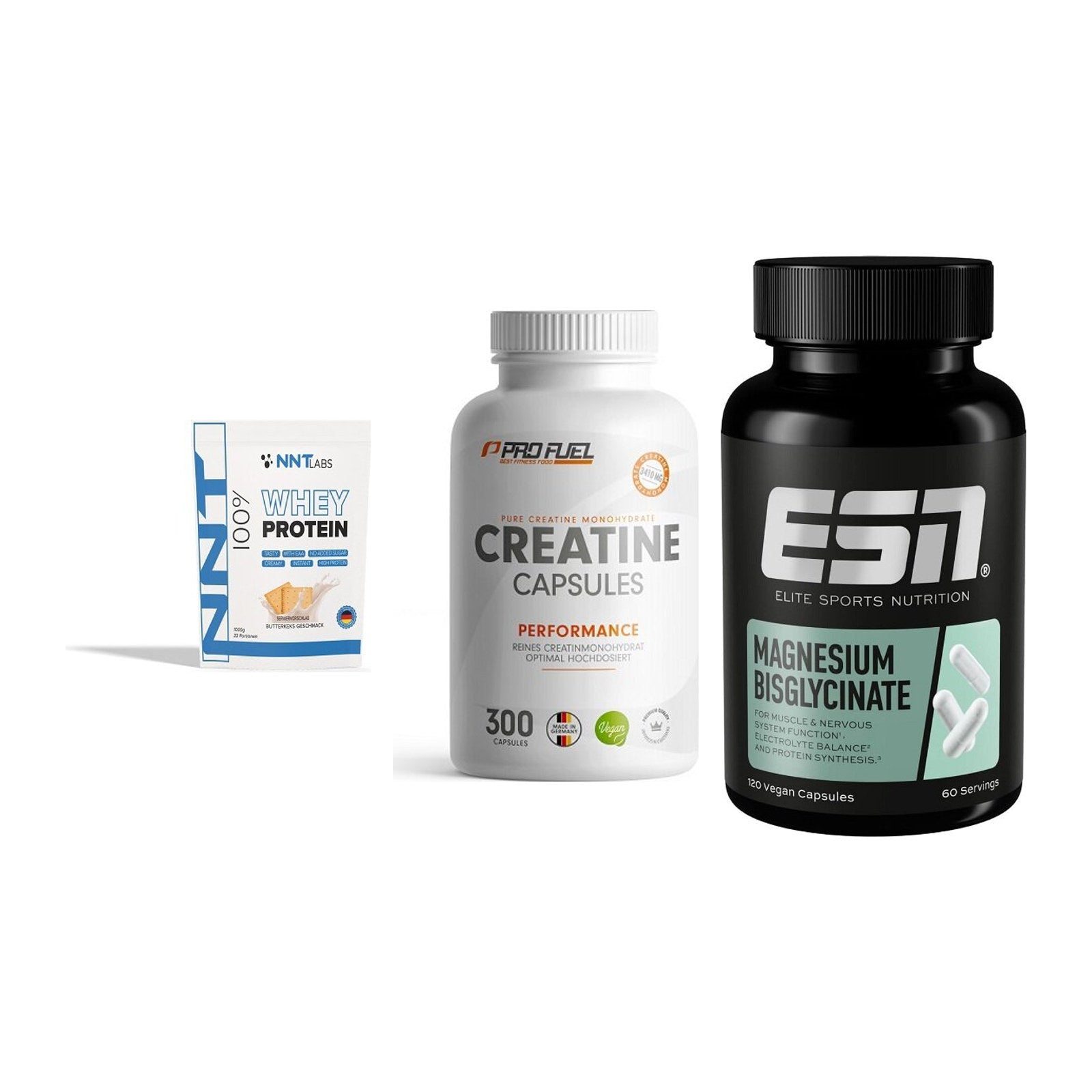 Einsteiger-Set: NNT Whey + ProFuel Creatine + ESN Magnesium – alle enthaltenen Artikel