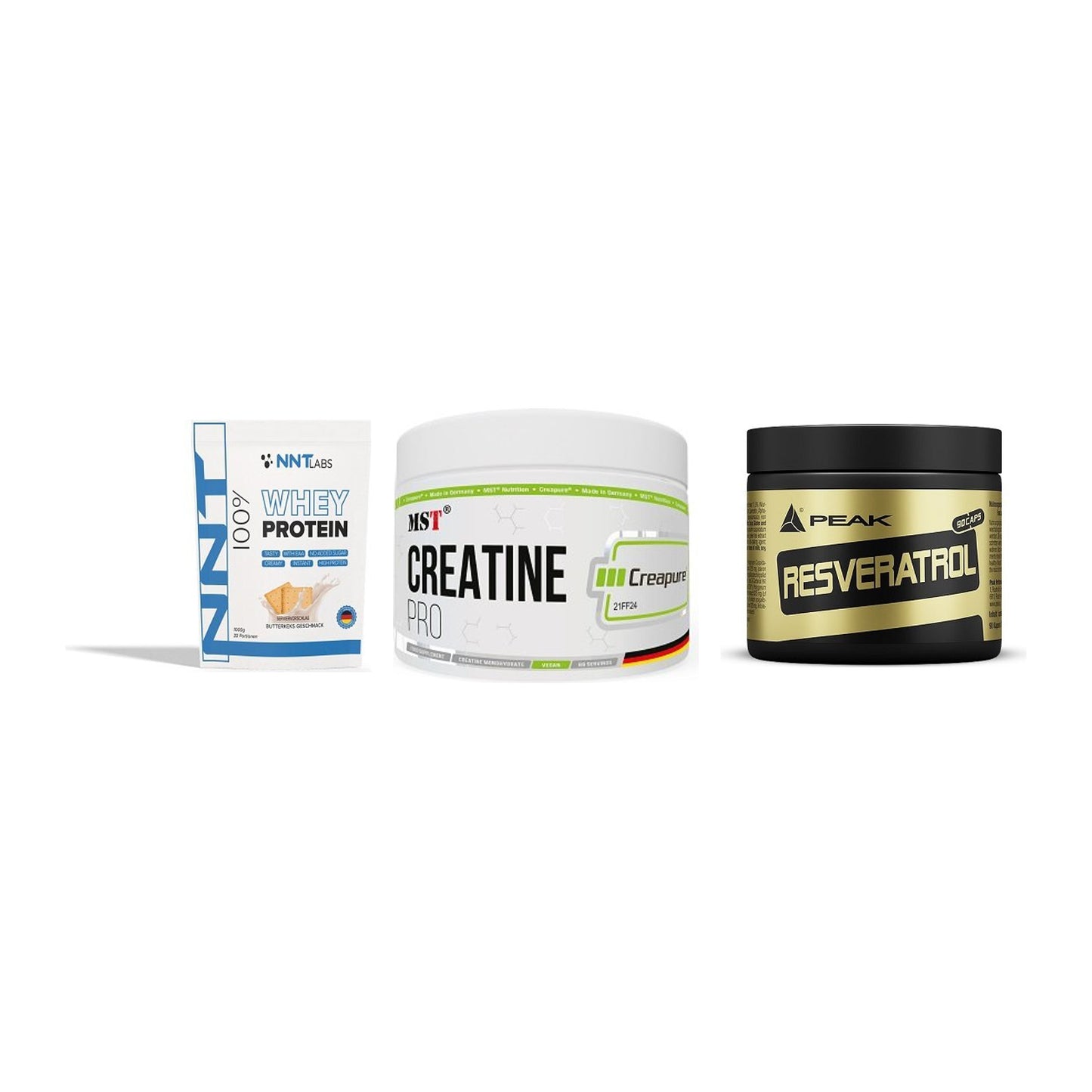 Einsteiger-Set: NNT Whey + MST Creatin Pro CREAPURE + Peak Resveratrol – alle enthaltenen Artikel