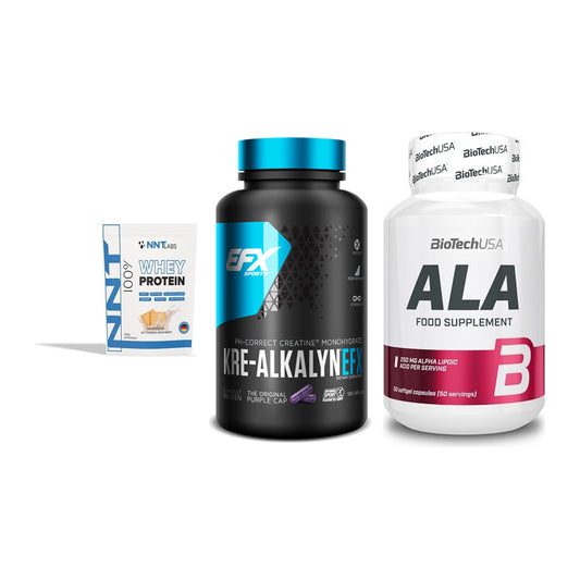 Einsteiger-Set: NNT Whey + EFX Kre-Alkalyn + BioTech ALA – alle enthaltenen Artikel