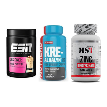 Einsteiger-Set: ESN Designer + Nutrend Kre-Alka + MST Zinc Chelate – alle enthaltenen Artikel