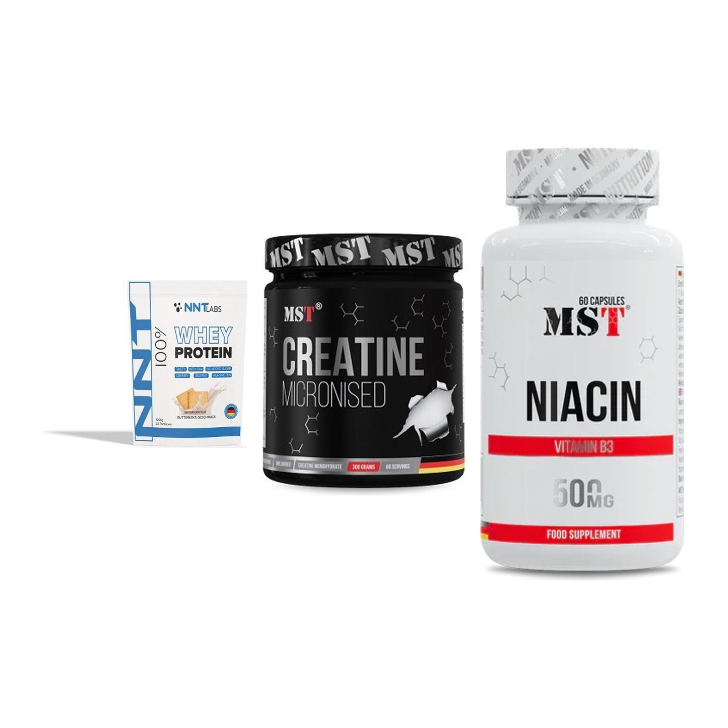 Einsteiger-Set: NNT Whey + MST Creatin Monohydrate + MST Niacin – alle enthaltenen Artikel