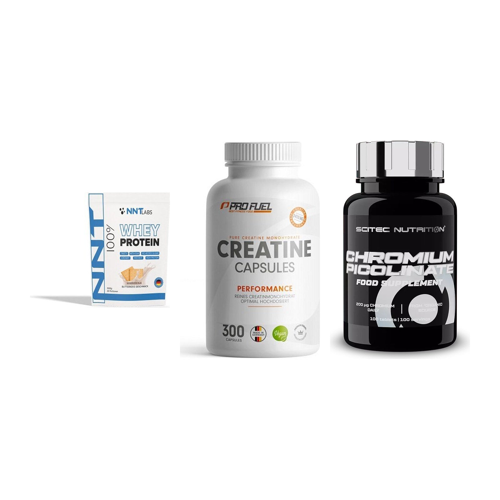 Einsteiger-Set: NNT Whey + ProFuel Creatine + Scitec Chromium – alle enthaltenen Artikel