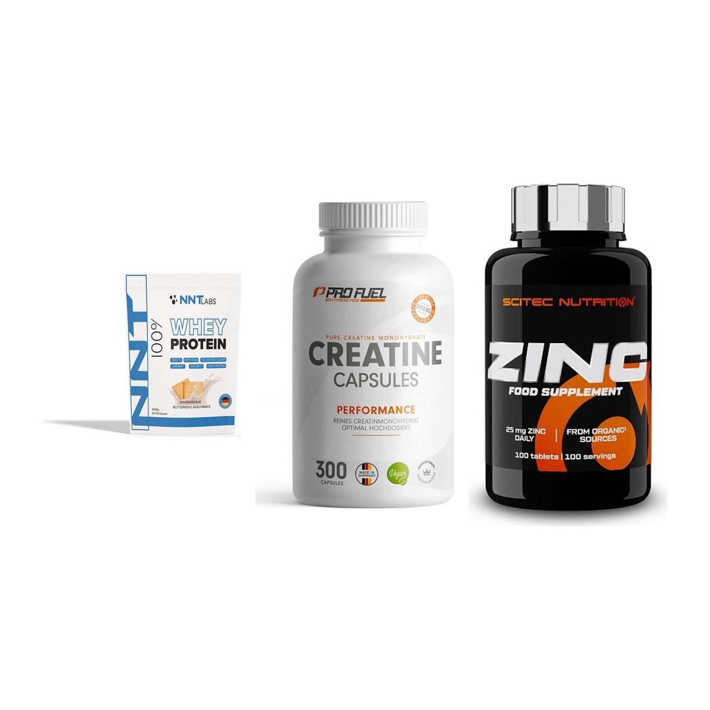 Einsteiger-Set: NNT Whey + ProFuel Creatine Monohydrate + Scitec Zinc – alle enthaltenen Artikel