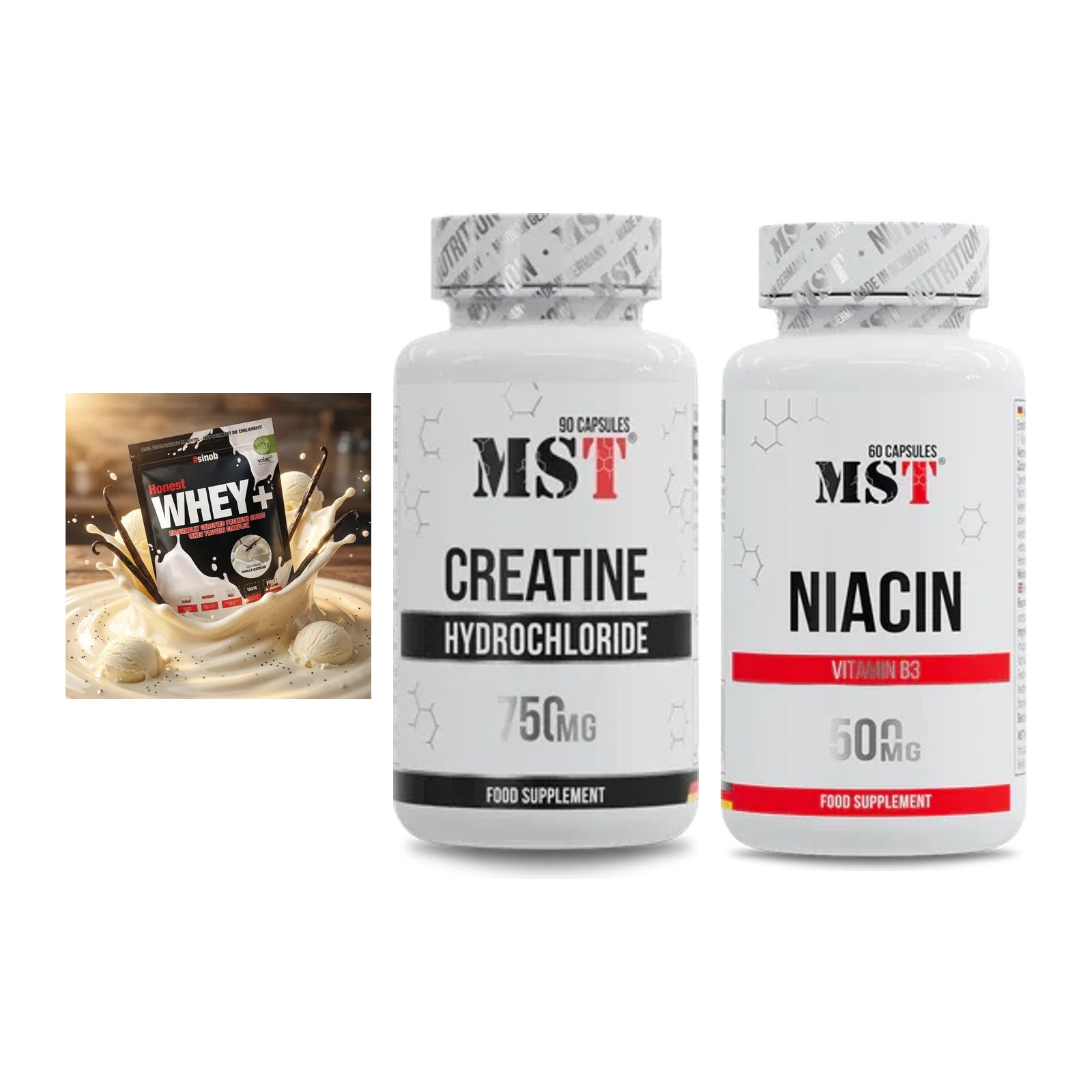 Einsteiger-Set: Sinob Honest Whey+ + MST Creatin HCL + MST Niacin – alle enthaltenen Artikel