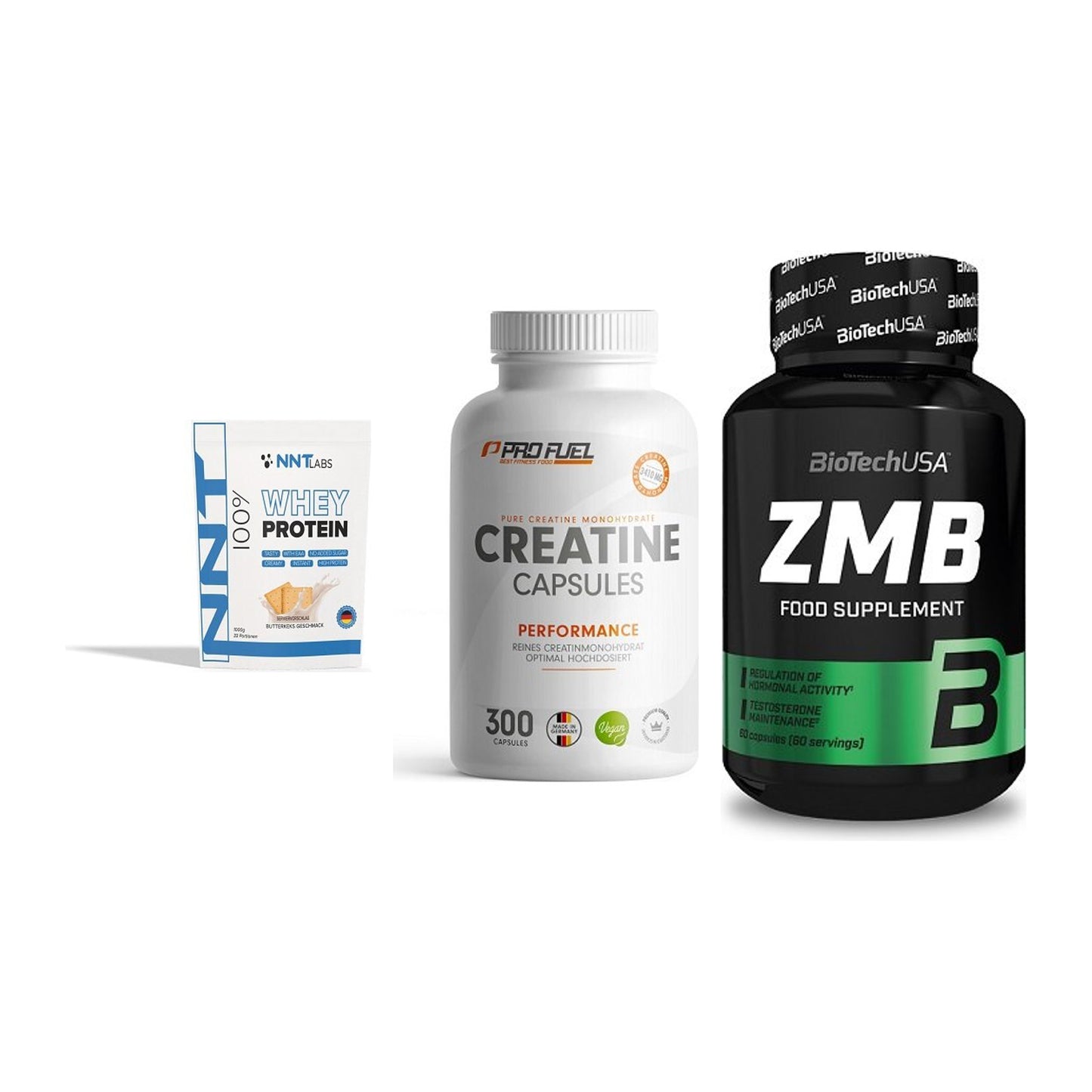 Einsteiger-Set: NNT Whey + ProFuel Creatine Monohydrate + BioTech ZMB – alle enthaltenen Artikel
