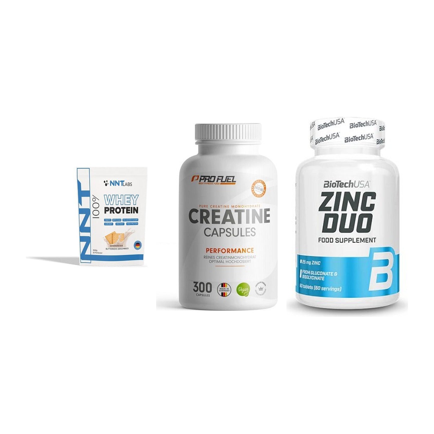 Einsteiger-Set: NNT Whey + ProFuel Creatine + BioTech Zinc Duo – alle enthaltenen Artikel