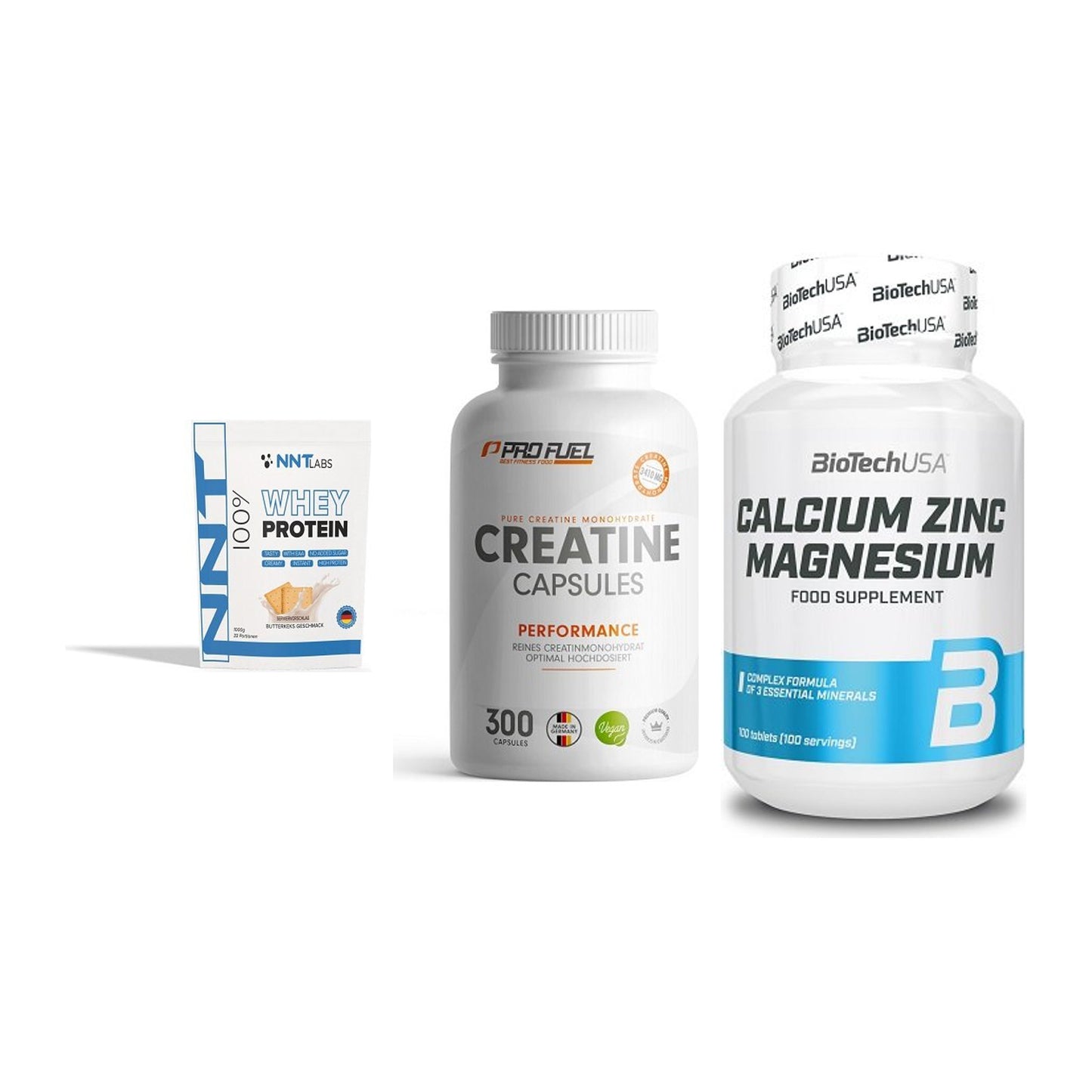 Einsteiger-Set: NNT Whey + ProFuel Creatine + BioTech Calcium – alle enthaltenen Artikel