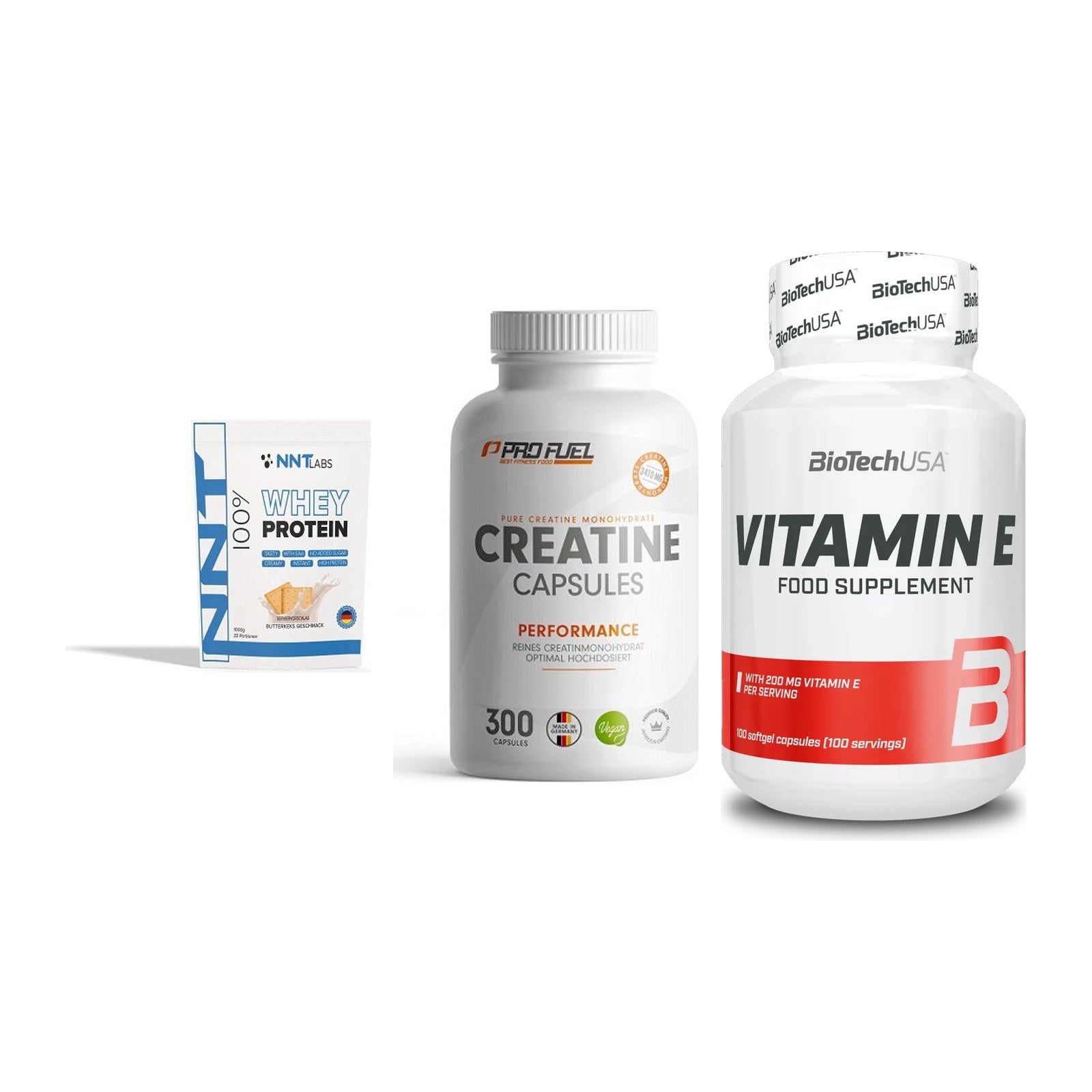 Einsteiger-Set: NNT Whey + ProFuel Creatine + BioTech Vitamin – alle enthaltenen Artikel