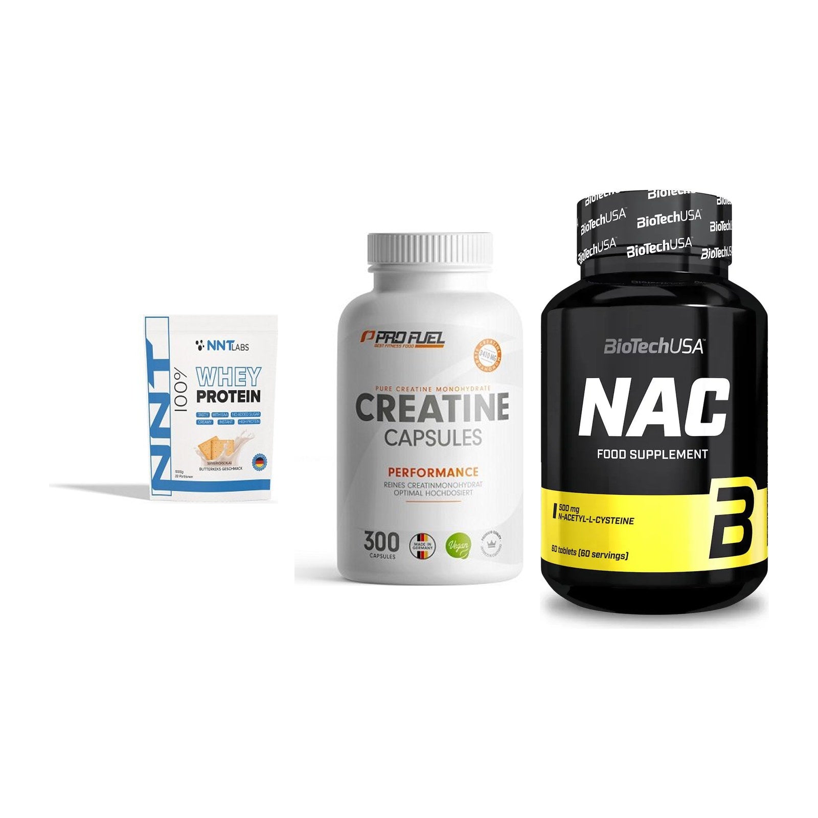 Einsteiger-Set: NNT Whey + ProFuel Creatine Monohydrate + BioTech NAC – alle enthaltenen Artikel