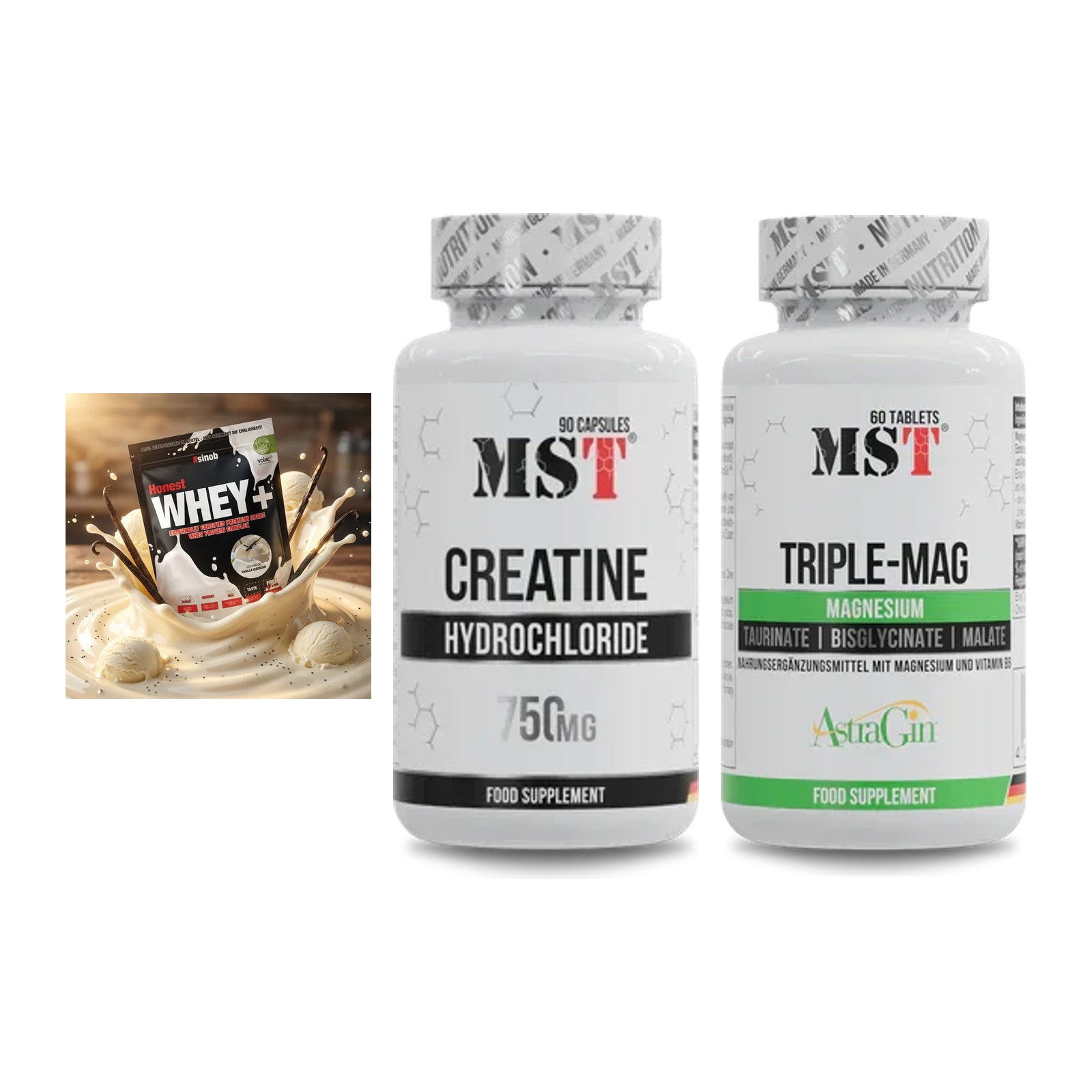 Einsteiger-Set: Sinob Honest Whey+ + MST Creatin HCL + MST Tripple Mag – alle enthaltenen Artikel