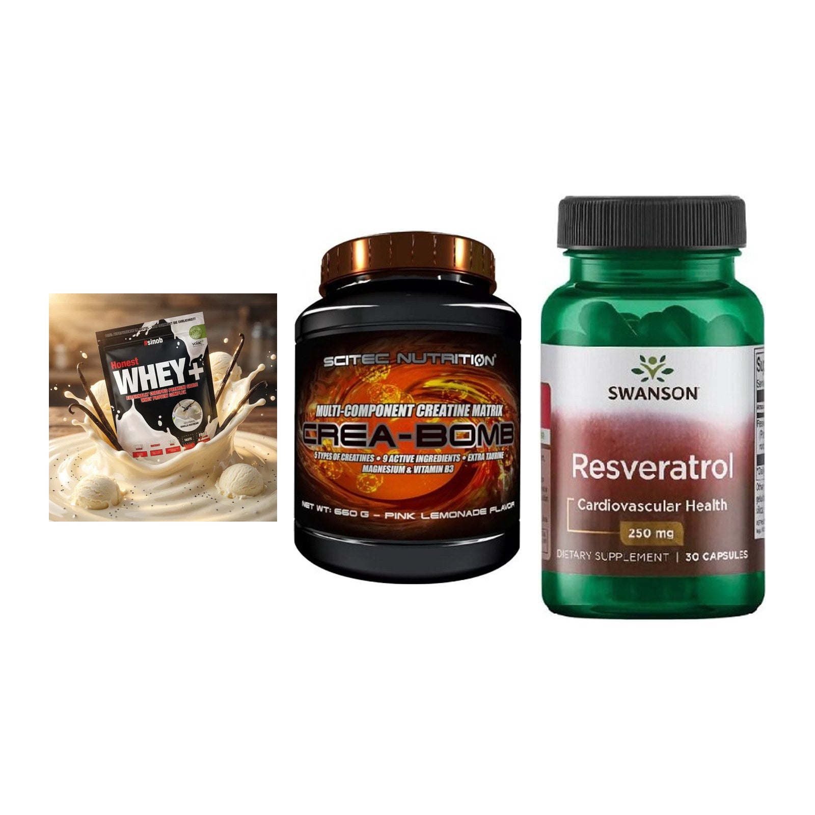 Einsteiger-Set: Sinob Honest + Scitec Crea-Bomb + Swanson Resverat – alle enthaltenen Artikel