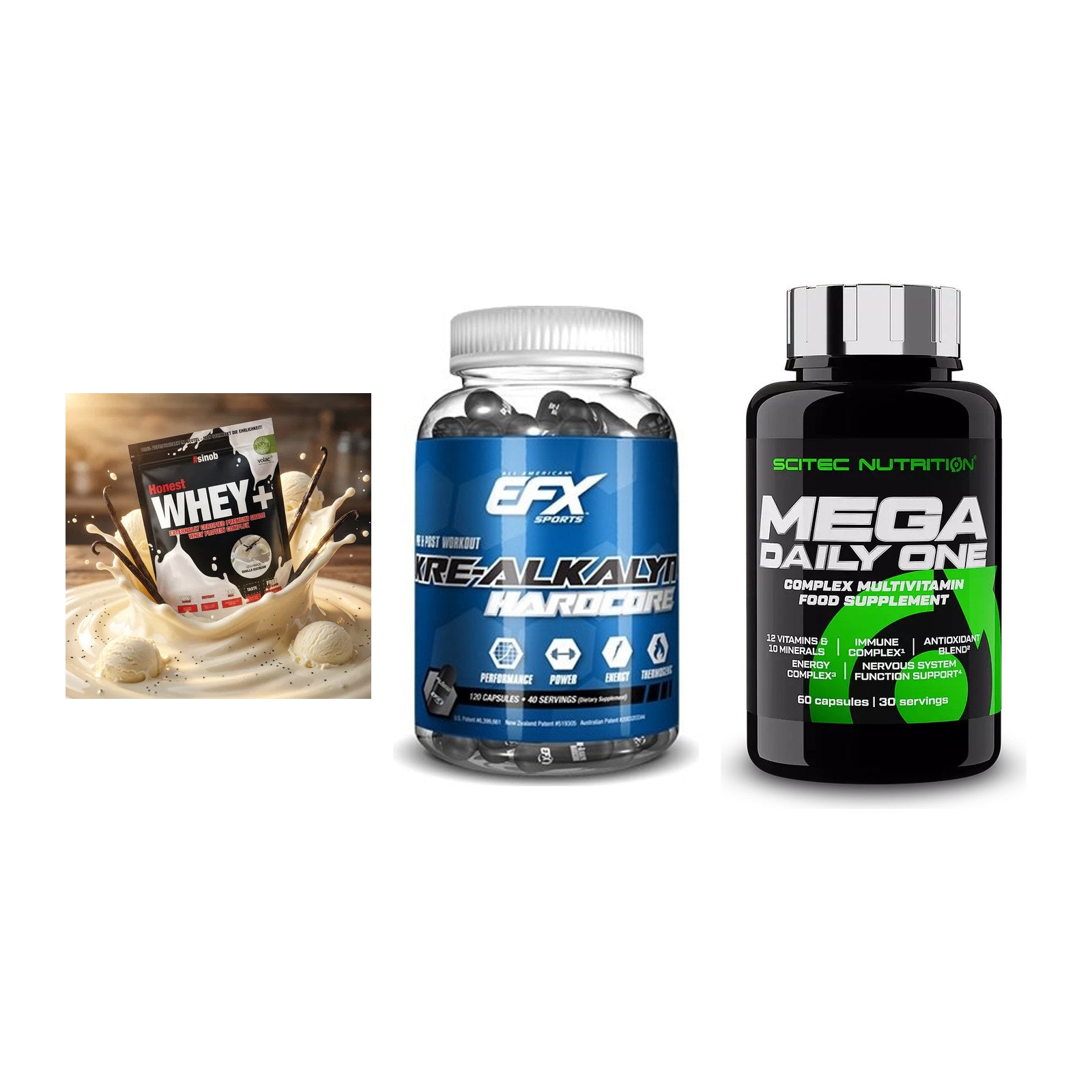 Einsteiger-Set: Sinob Honest + EFX Kre-Alkalyn + Scitec Mega – alle enthaltenen Artikel