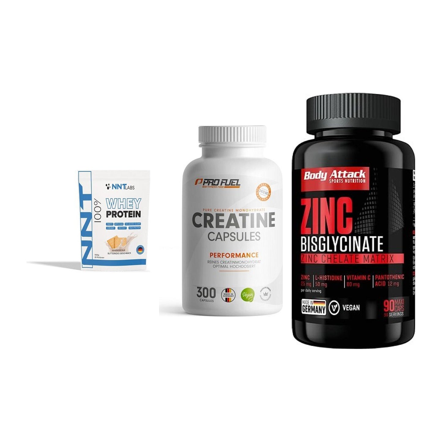 Einsteiger-Set: NNT Whey + ProFuel Creatine + Body Attack Zink – alle enthaltenen Artikel