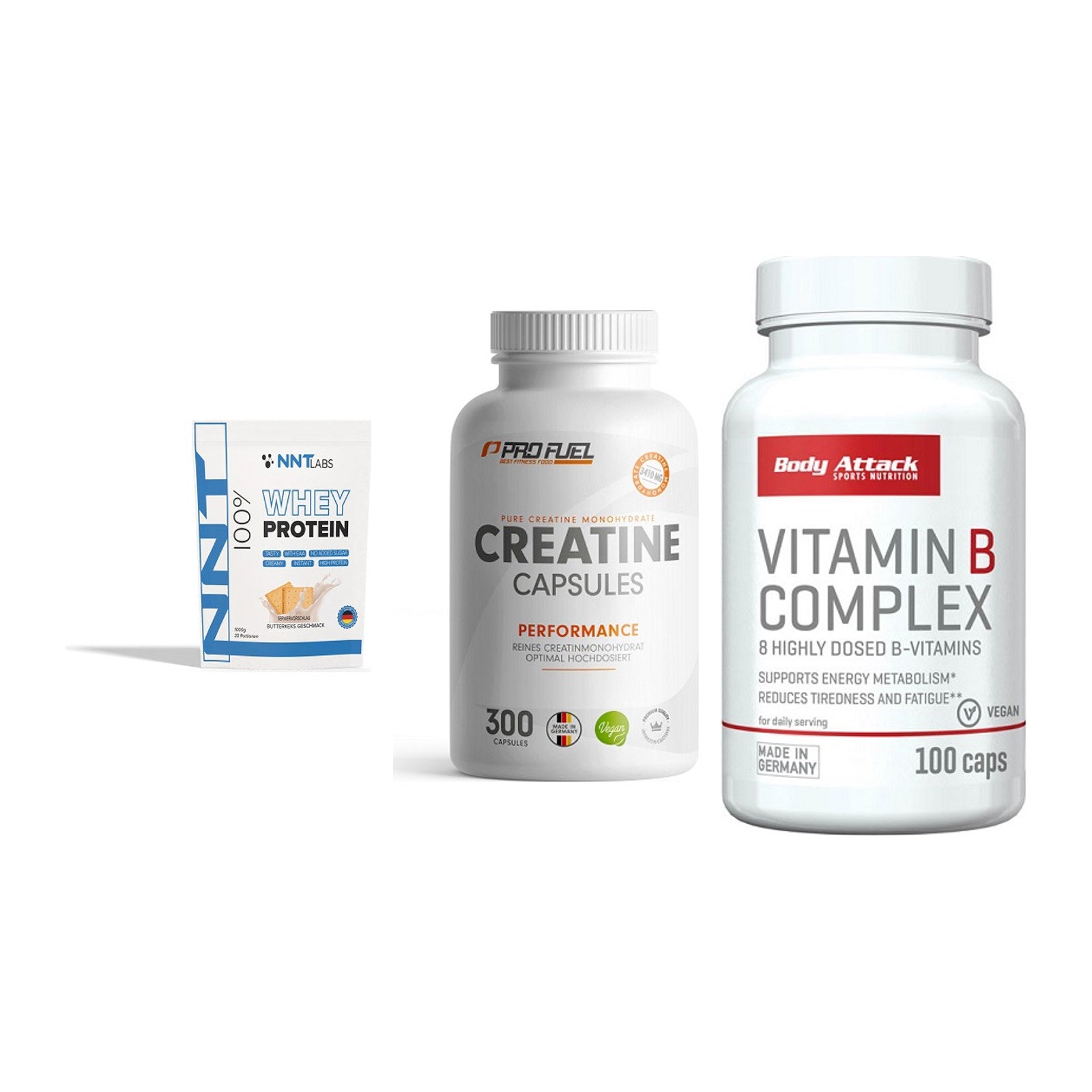 Einsteiger-Set: NNT Whey + ProFuel Creatine + Body Attack – alle enthaltenen Artikel