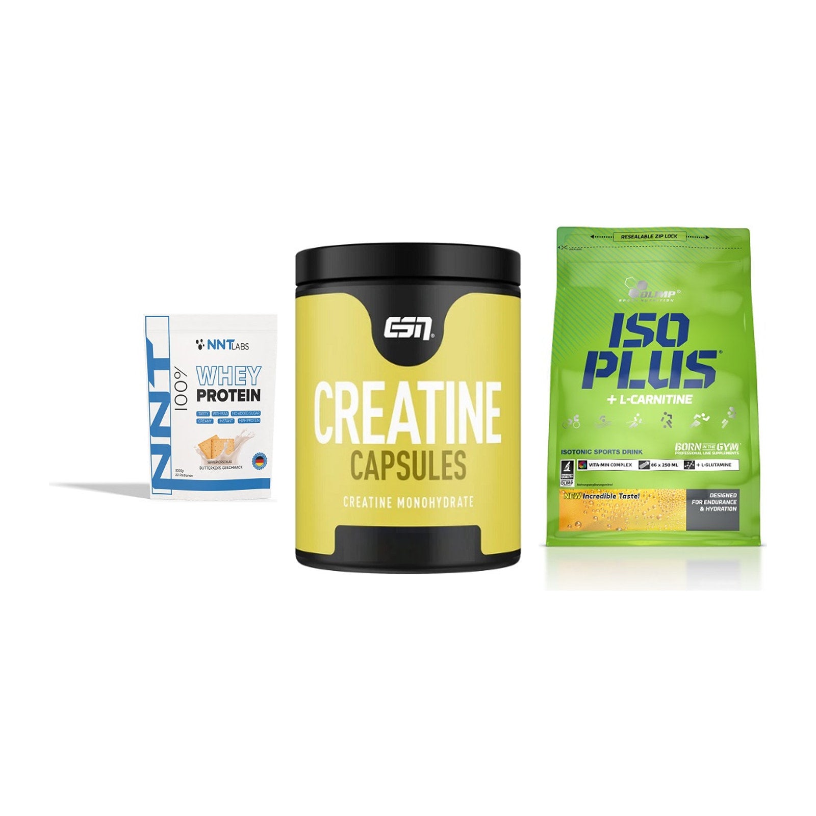 Einsteiger-Set: NNT Whey + ESN Ultrapure Creatine + Olimp Iso Plus – alle enthaltenen Artikel