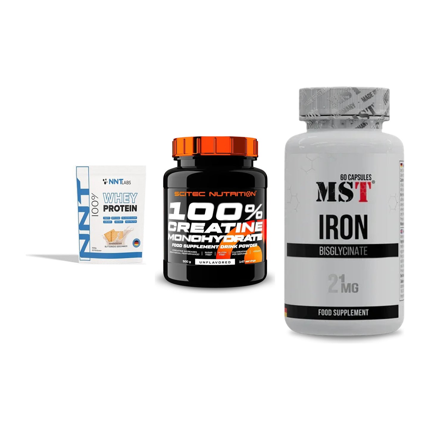 Einsteiger-Set: NNT Whey + Scitec Creatine + MST Iron Bisglyc – alle enthaltenen Artikel