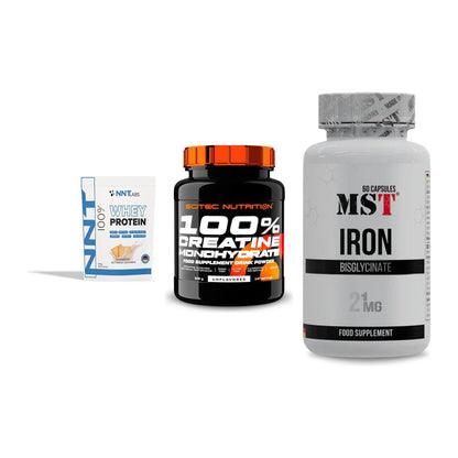 Einsteiger-Set: NNT Whey + Scitec Creatine + MST Iron Bisglyc – alle enthaltenen Artikel