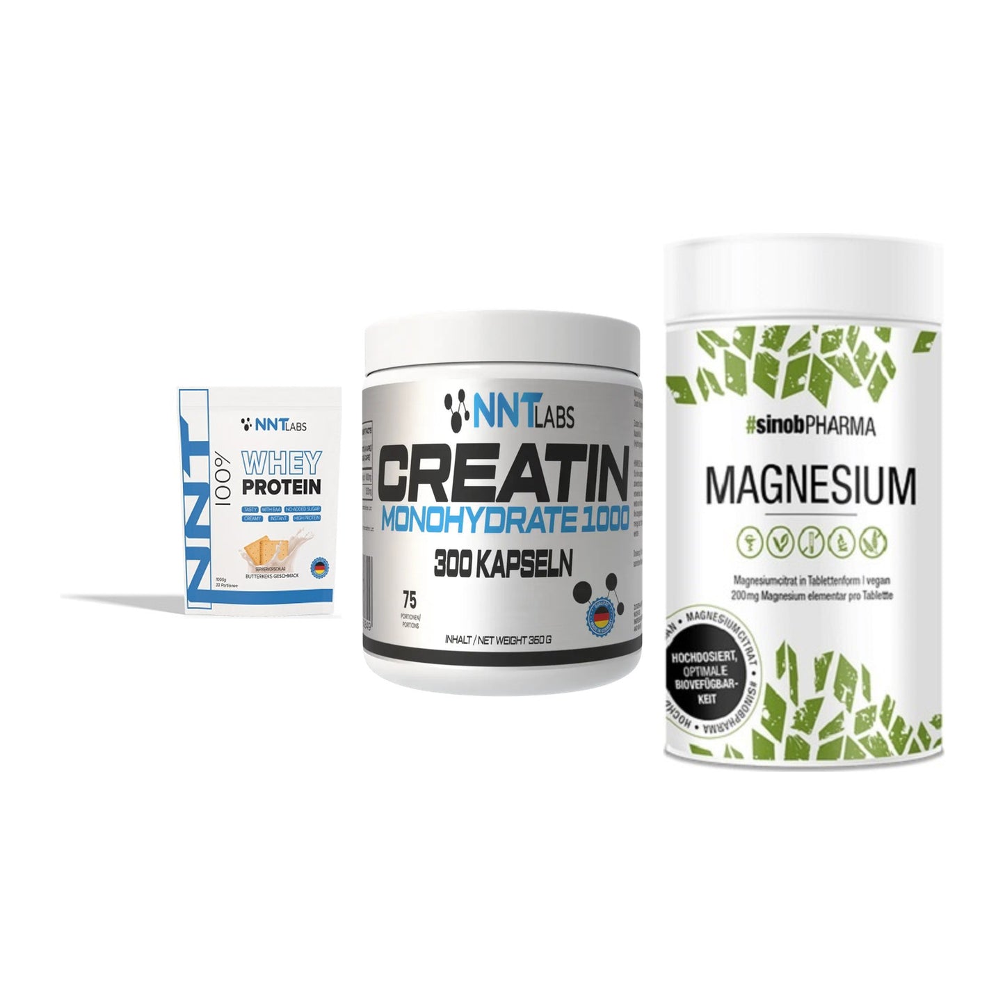 Einsteiger-Set: NNT Whey + NNT Creatin 1000 + Sinob Magnesium – alle enthaltenen Artikel
