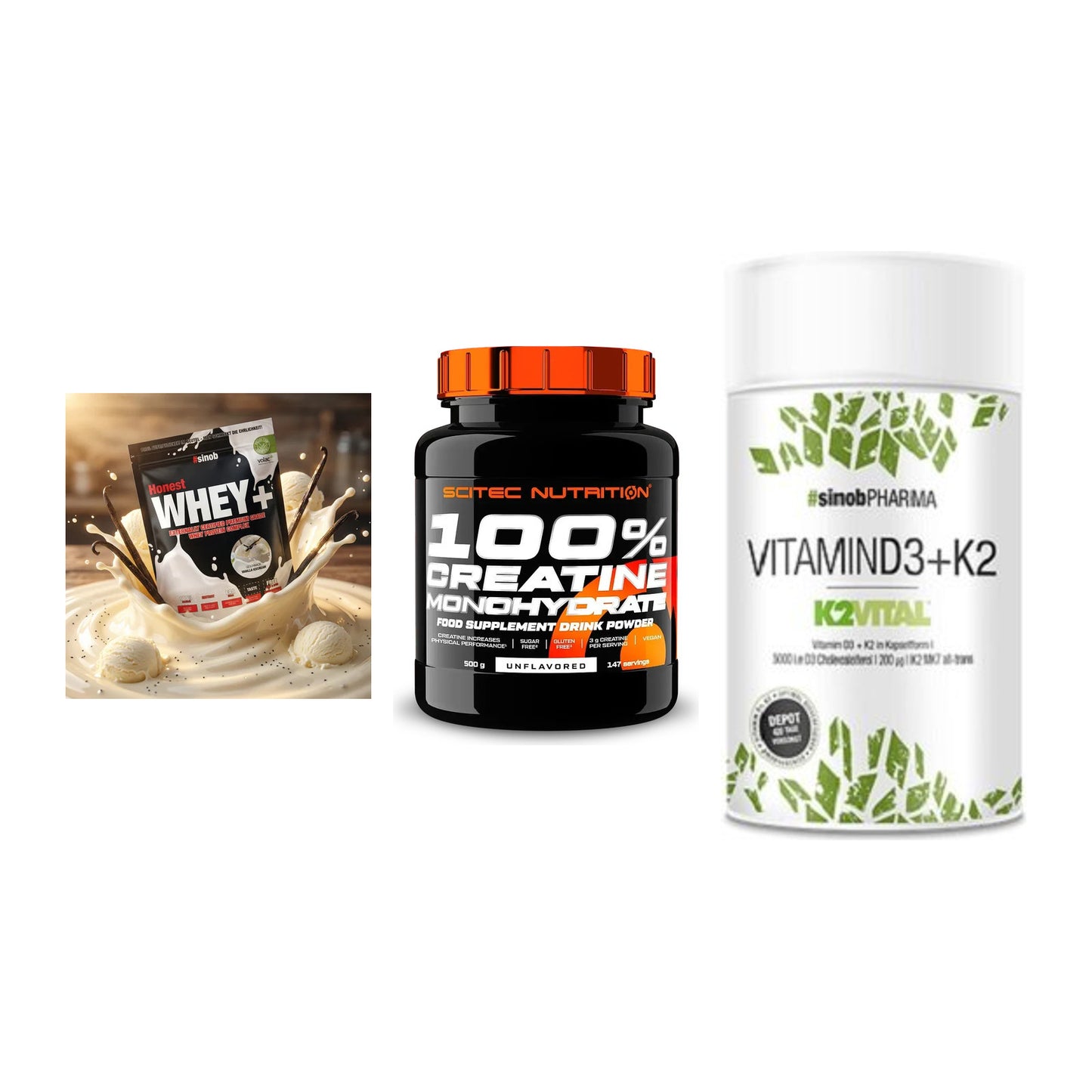 Einsteiger-Set: Sinob Honest + Scitec Creatine + Sinob Vitamin D3 – alle enthaltenen Artikel