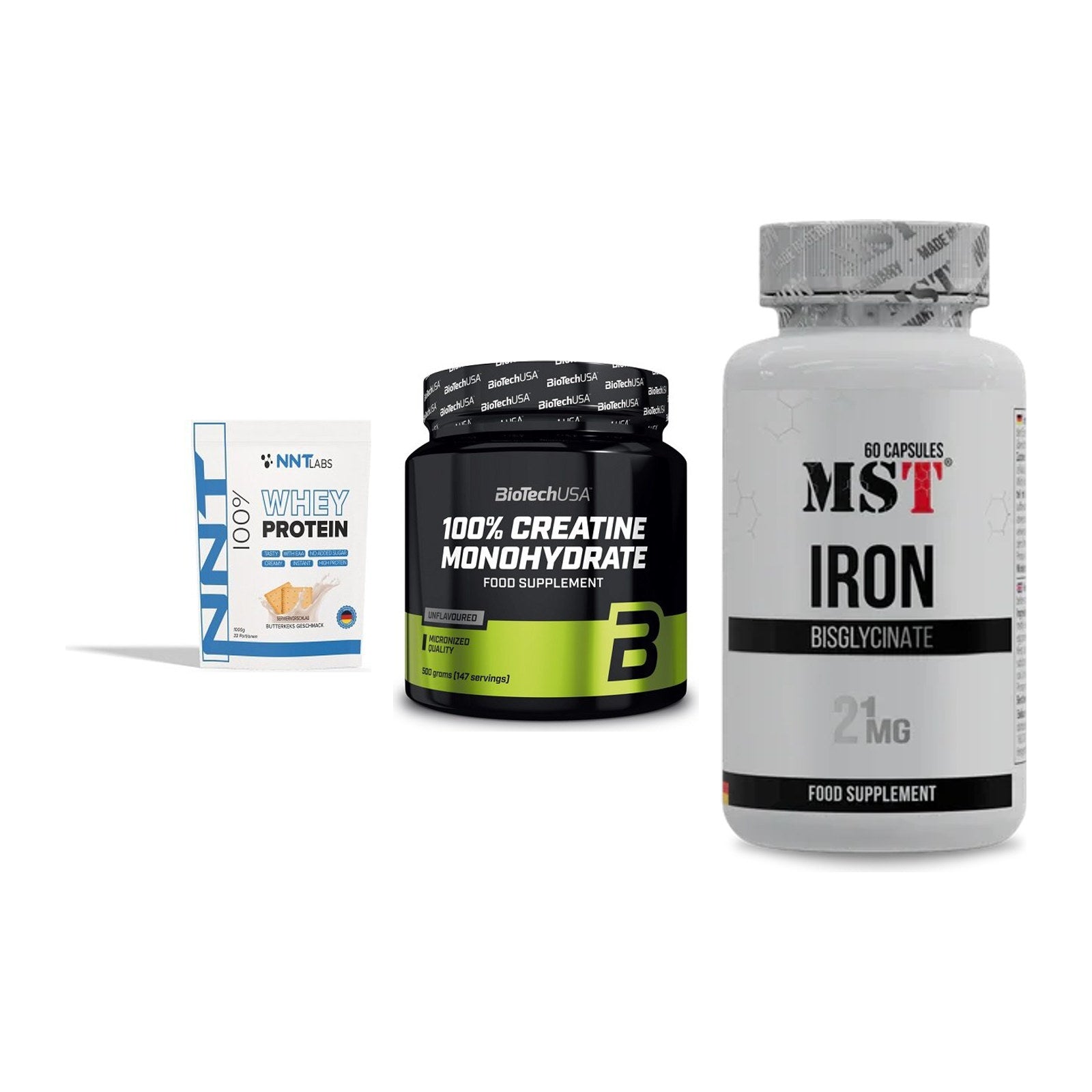 Einsteiger-Set: NNT Whey + BioTech Creatine + MST Iron Bisglyc – alle enthaltenen Artikel