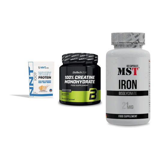 Einsteiger-Set: NNT Whey + BioTech Creatine + MST Iron Bisglyc – alle enthaltenen Artikel