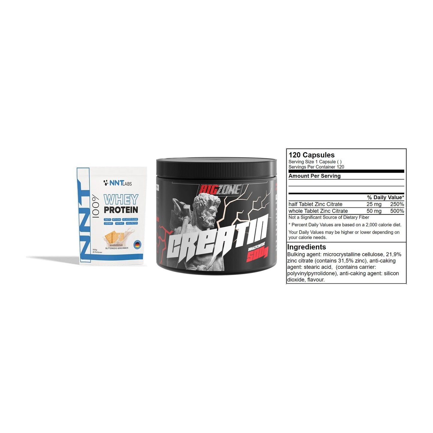 Einsteiger-Set: NNT Whey + Big Zone Creatin + GN Zinc Citrate – alle enthaltenen Artikel
