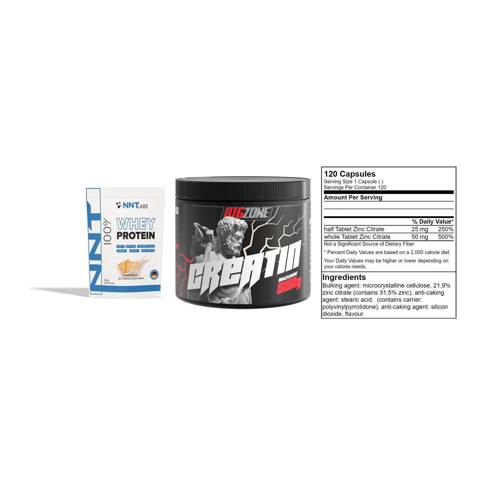 Einsteiger-Set: NNT Whey + Big Zone Creatin + GN Zinc Citrate – alle enthaltenen Artikel